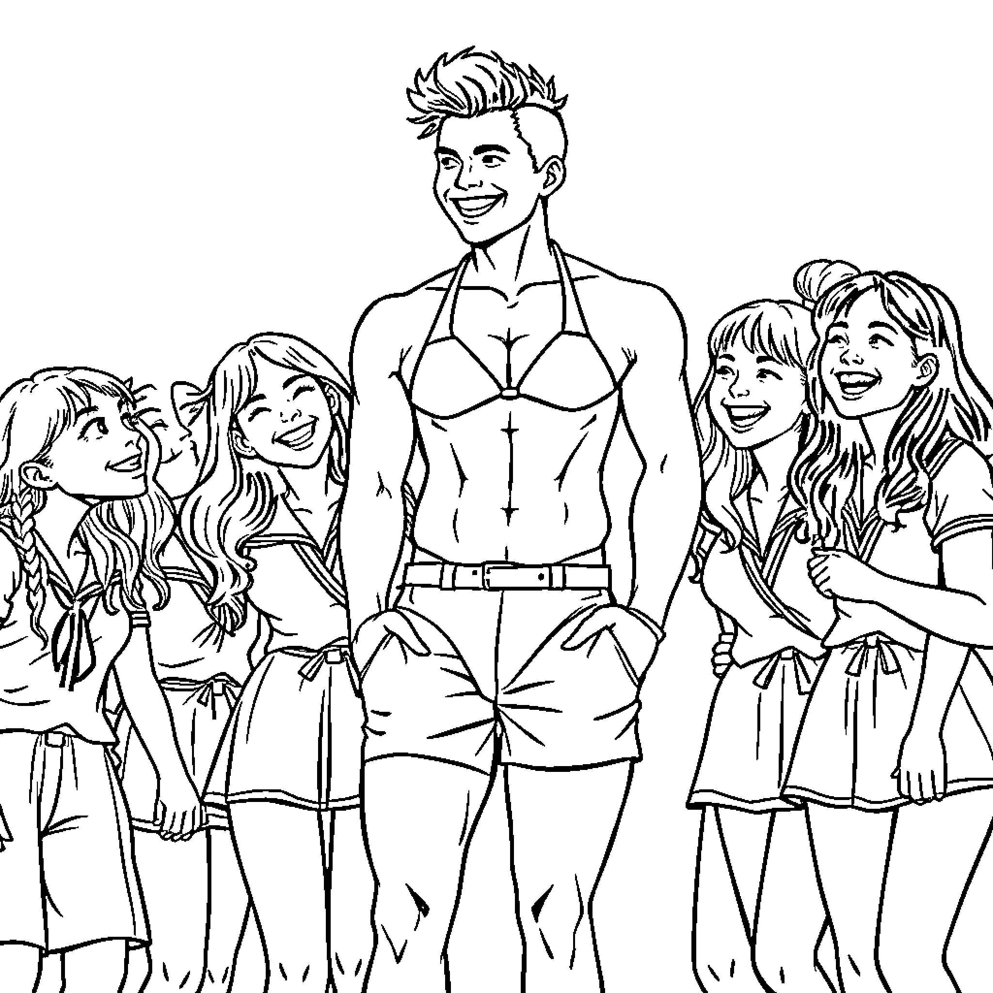 Man surrounded by cheerful group of women Coloring Page (free black-and-white line drawing printable PDF for all, from beginners to advanced learners, including children, teens, adults, and seniors)
