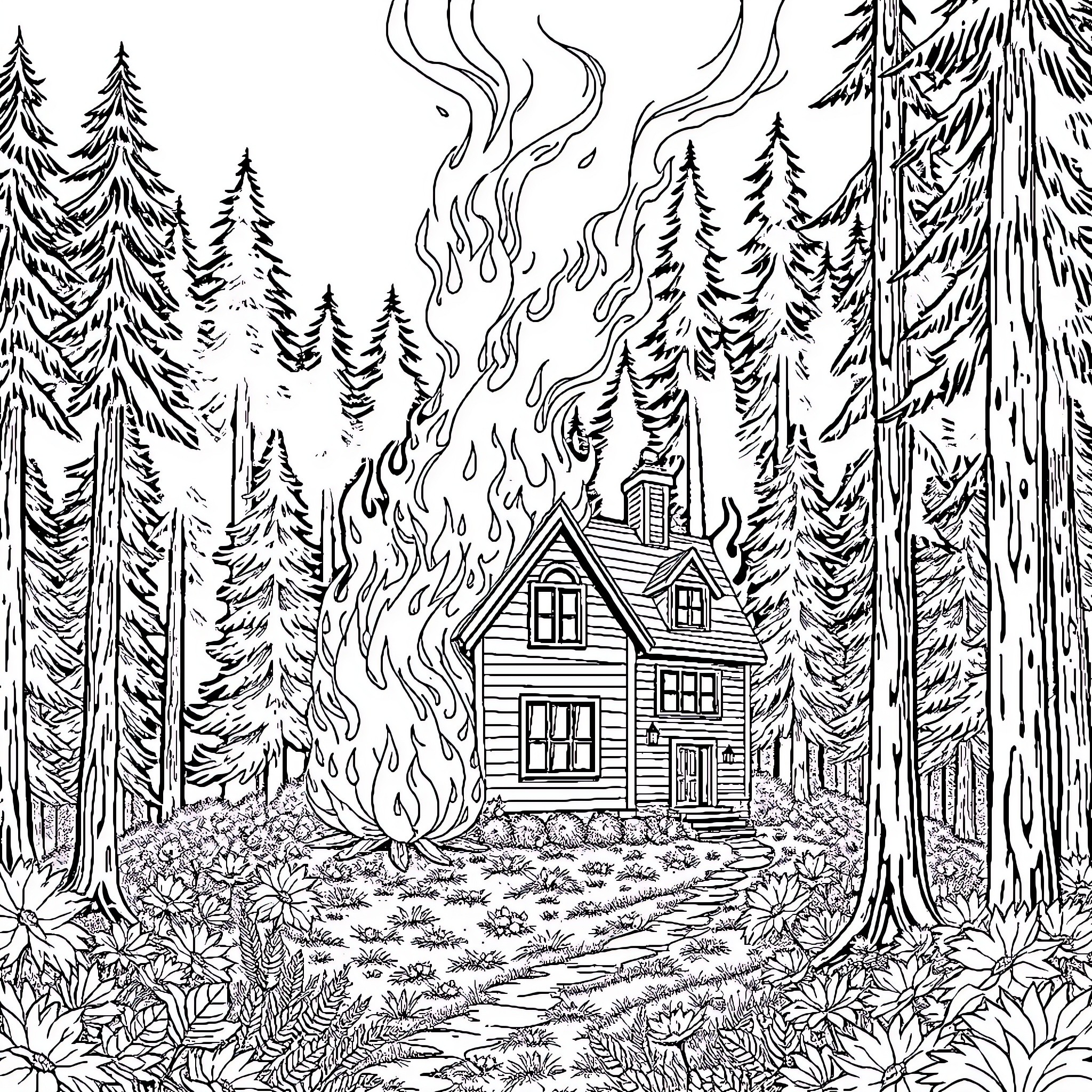 House engulfed in forest fire Coloring Page (free black-and-white line drawing printable PDF for all, from beginners to advanced learners, including children, teens, adults, and seniors)