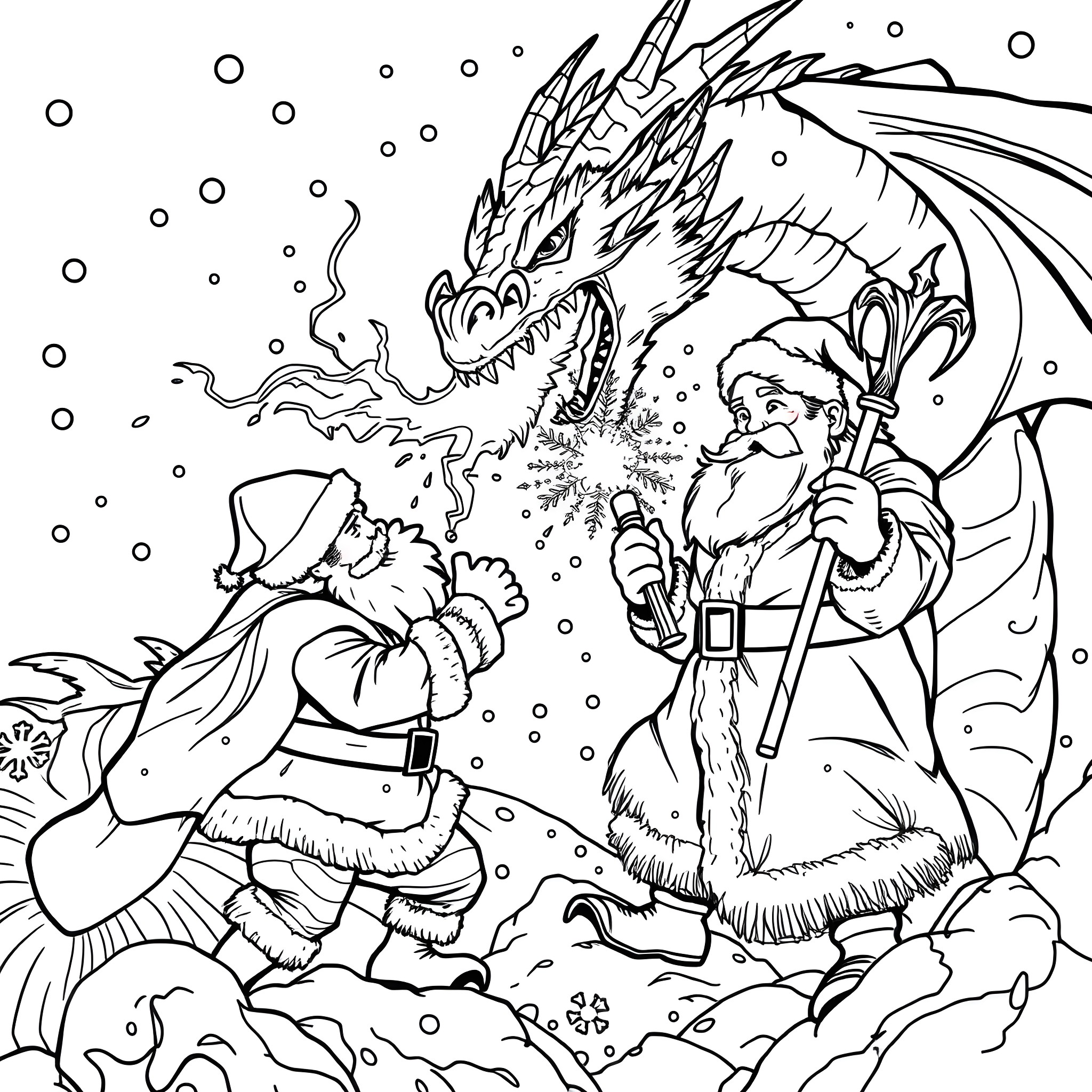 Dragon breathing fire at a brave knight in winter Coloring Page (free black-and-white line drawing printable PDF for all, from beginners to advanced learners, including children, teens, adults, and seniors)