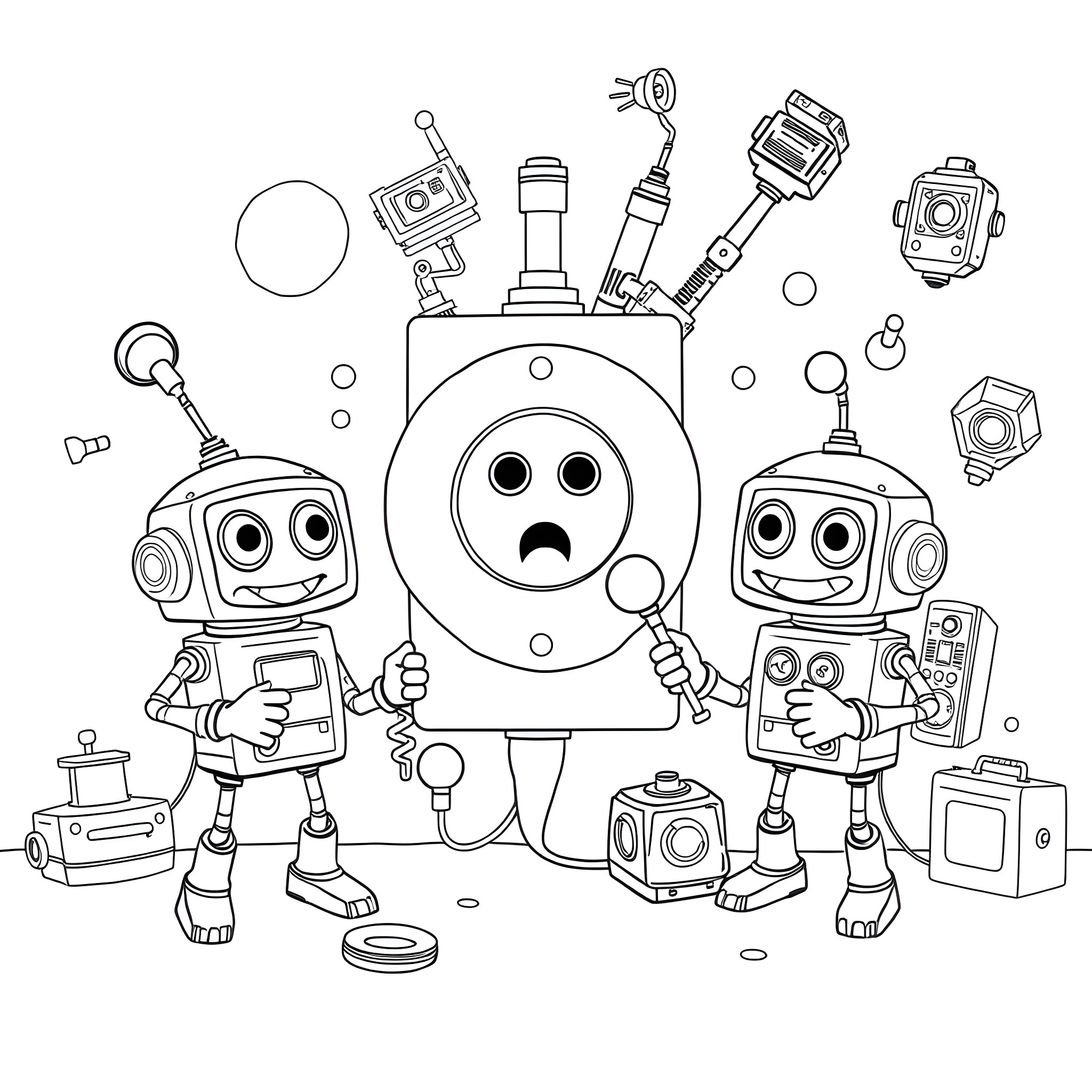 Storybot characters in a technological scene Coloring Page (free black-and-white line drawing printable PDF for all, from beginners to advanced learners, including children, teens, adults, and seniors)