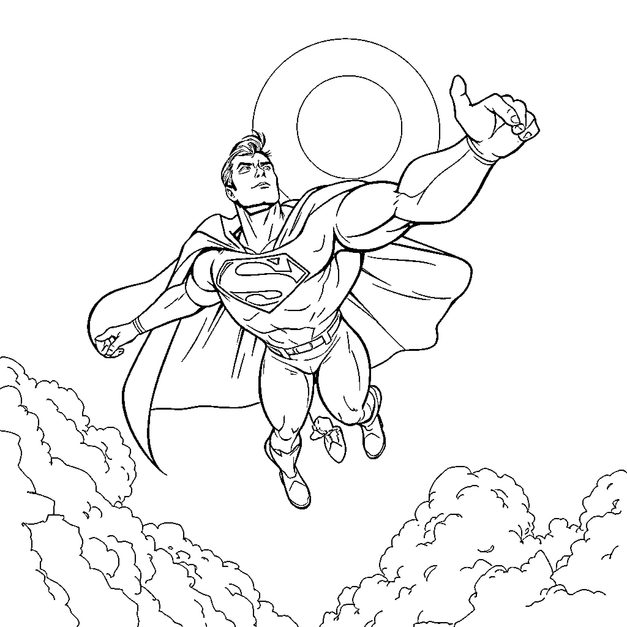 Superman soaring through the skies with heroic posture Coloring Page (free black-and-white line drawing printable PDF for all, from beginners to advanced learners, including children, teens, adults, and seniors)