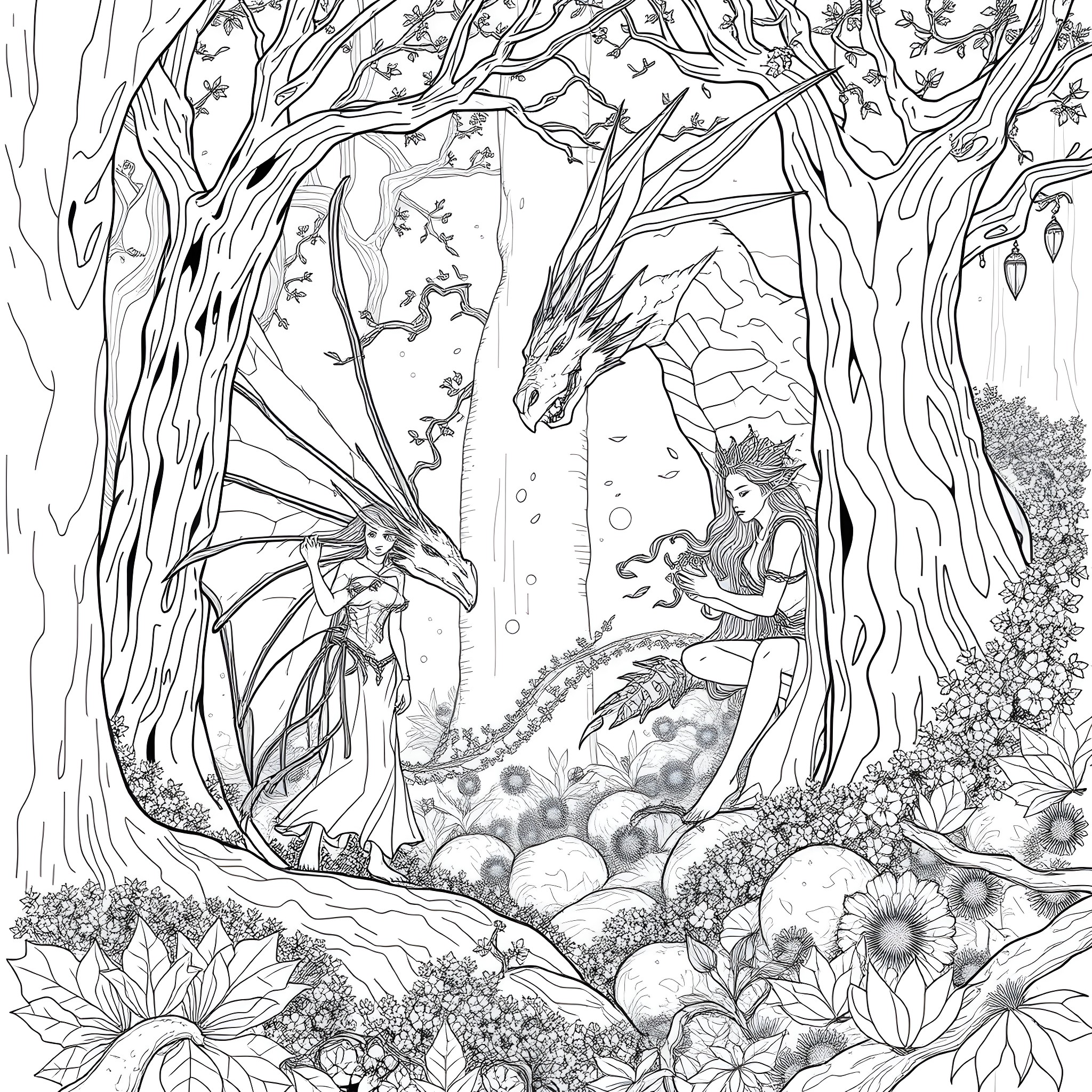 Dragon and Fairy in the Enchanted Forest Coloring Page (free black-and-white line drawing printable PDF for all, from beginners to advanced learners, including children, teens, adults, and seniors)