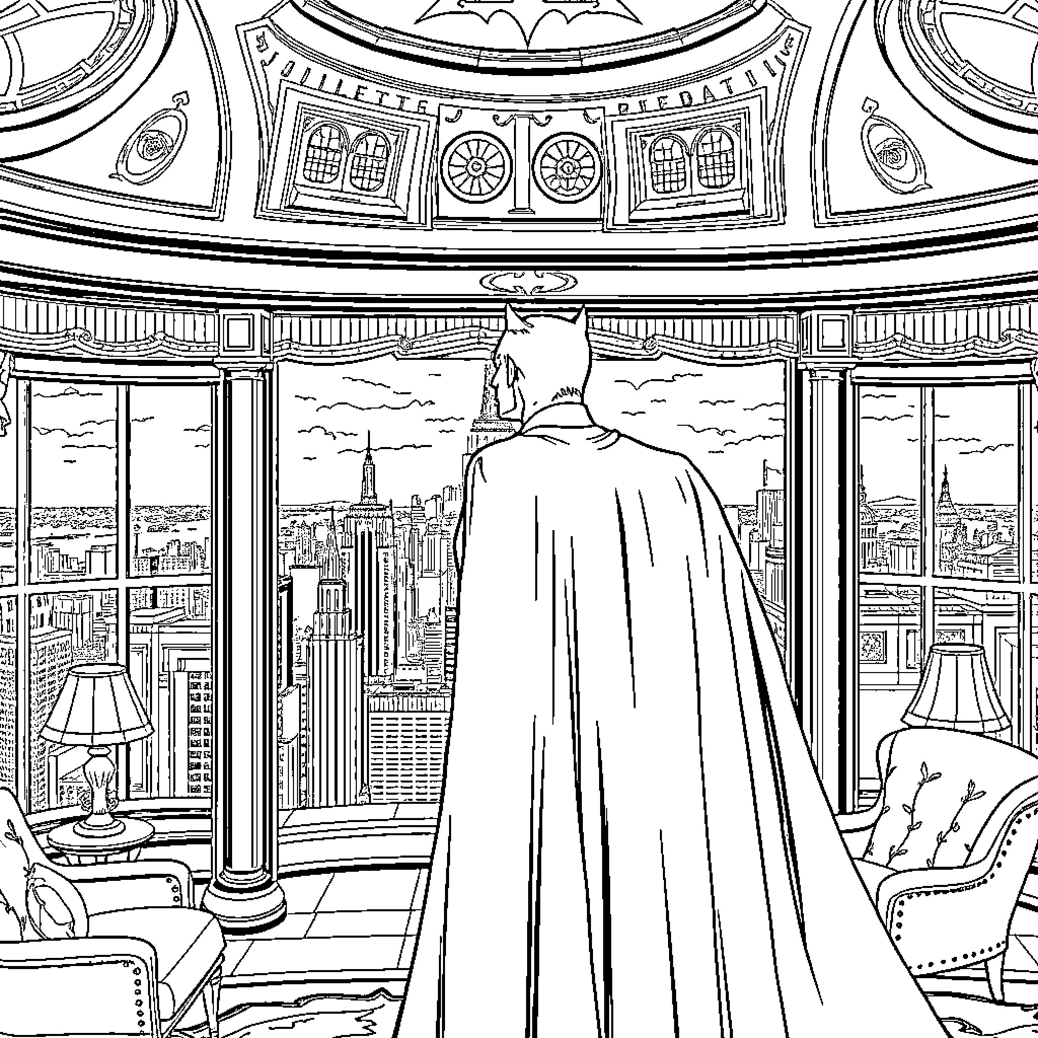 Bruce Wayne overlooking the city from his lavish penthouse Coloring Page (free black-and-white line drawing printable PDF for all, from beginners to advanced learners, including children, teens, adults, and seniors)