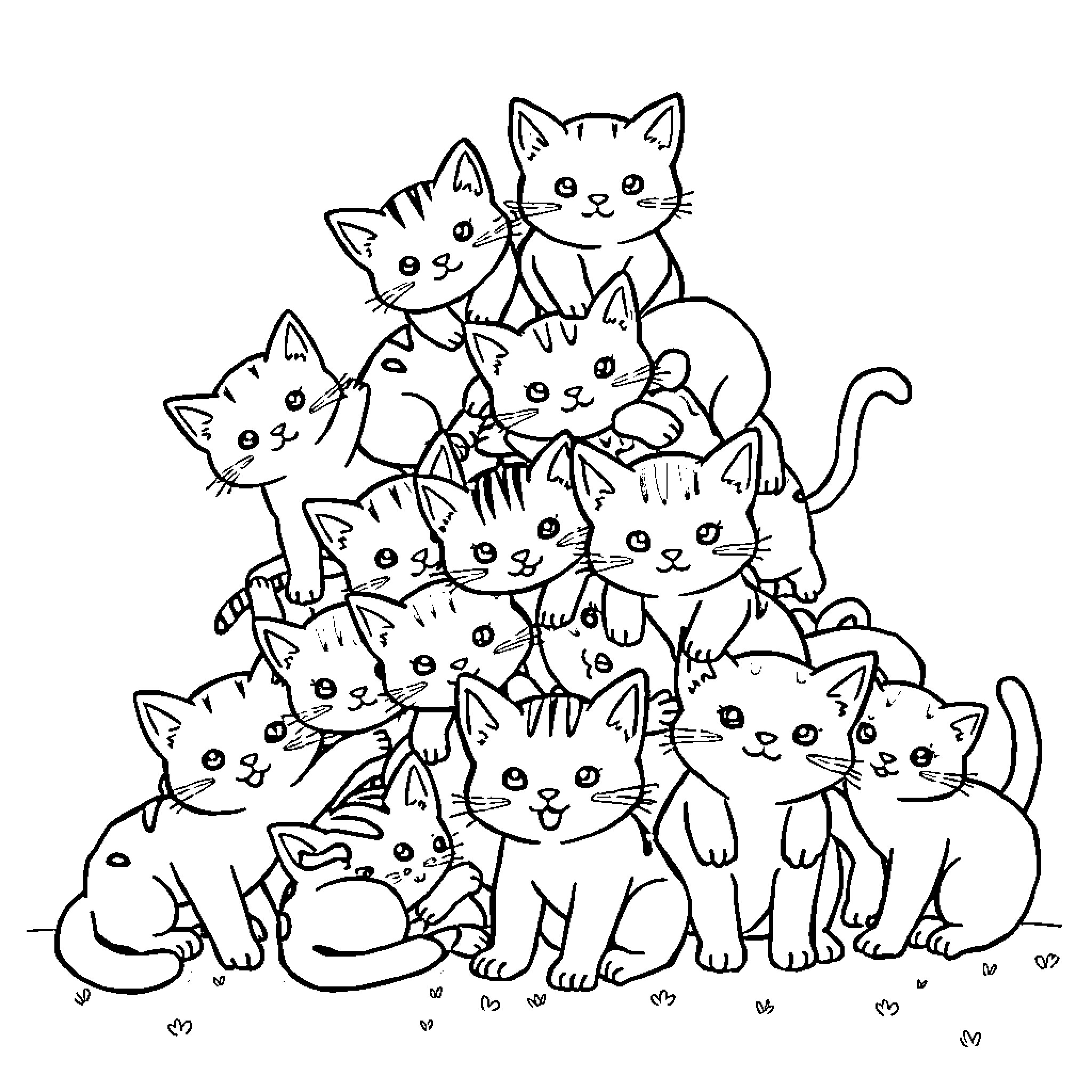 Cats Huddled Together in a Group Coloring Page (free black-and-white line drawing printable PDF for all, from beginners to advanced learners, including children, teens, adults, and seniors)