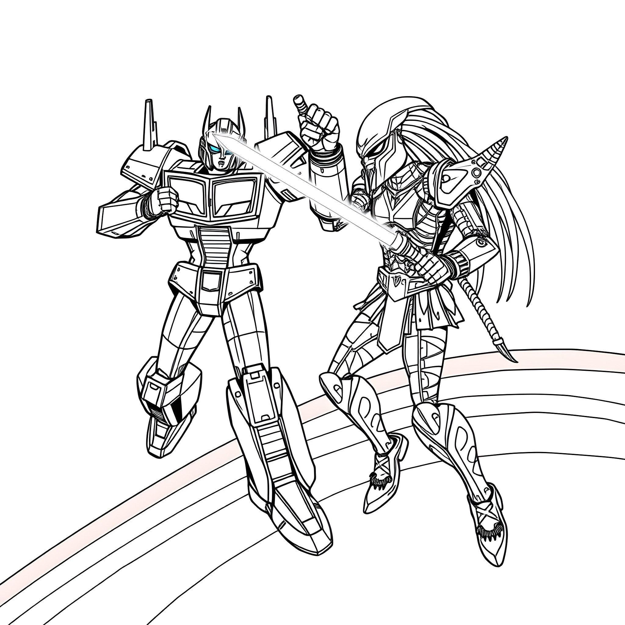 Megatron battles an heroic warrior in epic confrontation Coloring Page (free black-and-white line drawing printable PDF for all, from beginners to advanced learners, including children, teens, adults, and seniors)