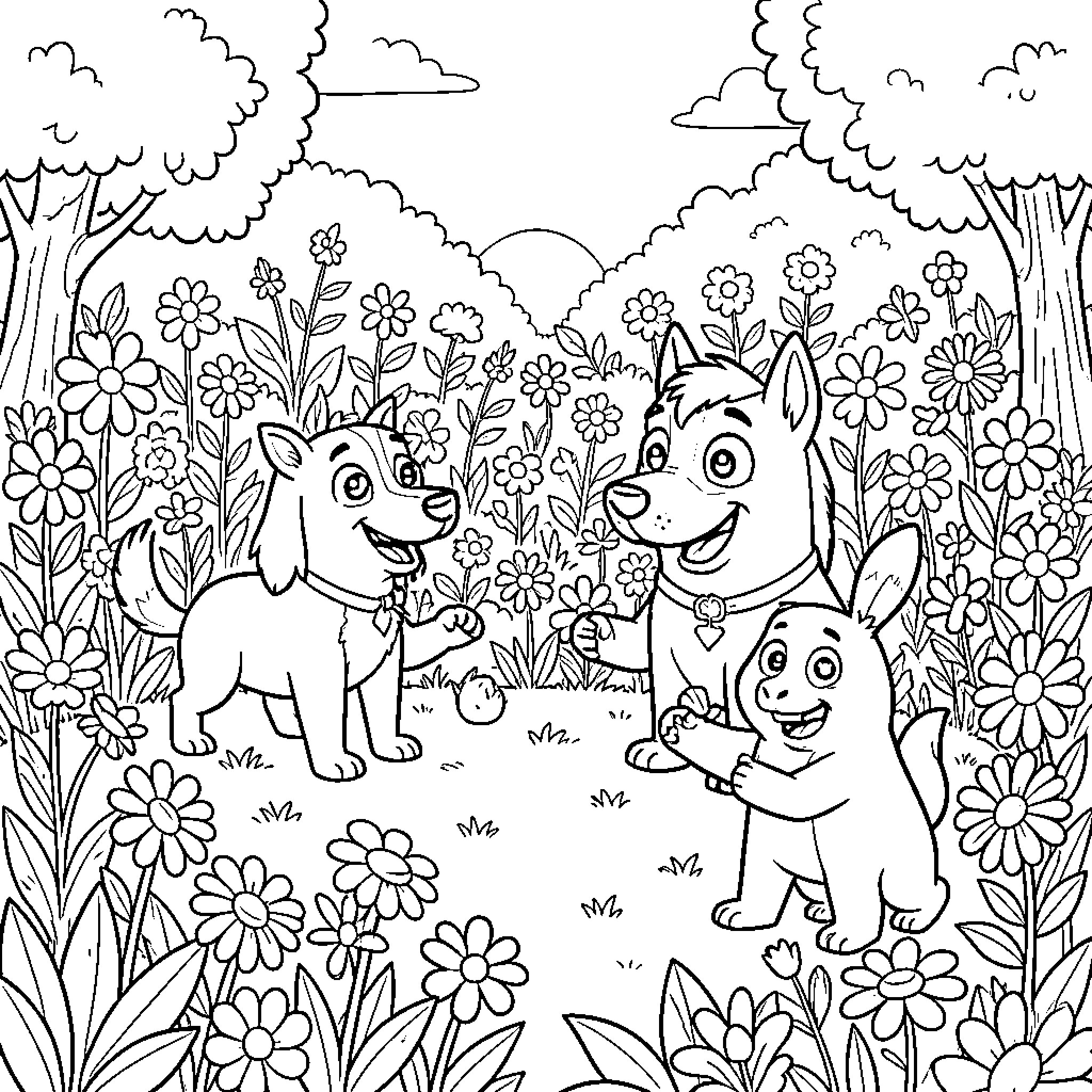 Chili Pups Playing in Blooming Garden Coloring Page (free black-and-white line drawing printable PDF for all, from beginners to advanced learners, including children, teens, adults, and seniors)