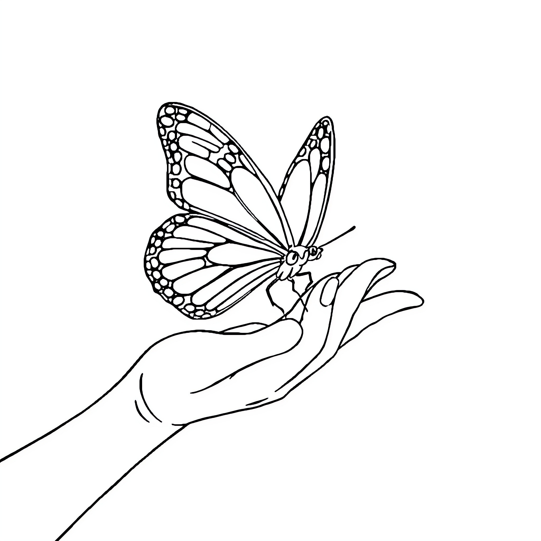 Hand releasing delicate butterfly Coloring Page (free black-and-white line drawing printable PDF for all, from beginners to advanced learners, including children, teens, adults, and seniors)
