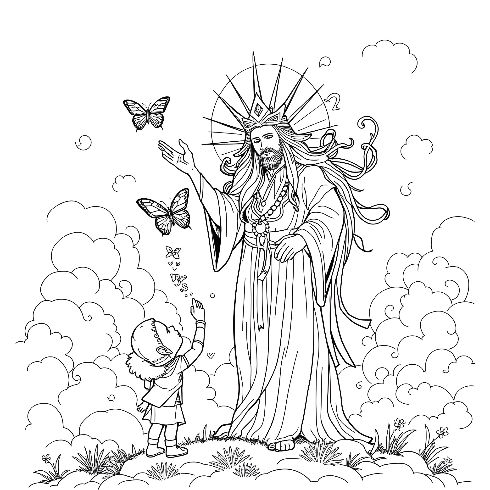 Spirit of nature's wonder and joy Coloring Page (free black-and-white line drawing printable PDF for all, from beginners to advanced learners, including children, teens, adults, and seniors)