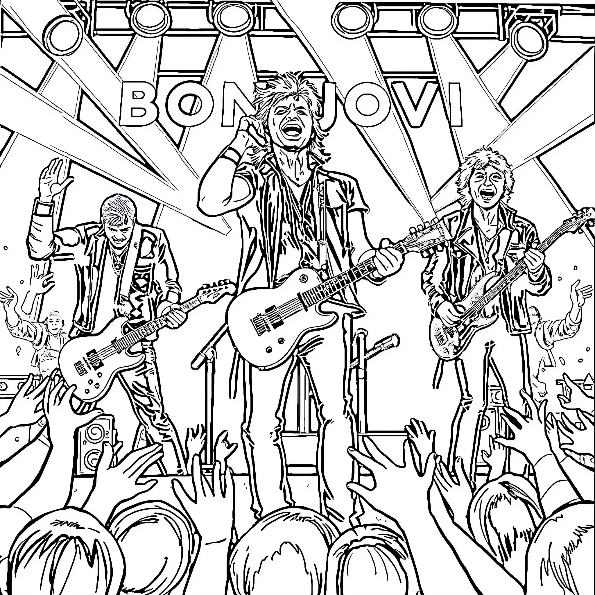 Bon Jovi performing energetic rock concert on stage Coloring Page (free black-and-white line drawing printable PDF for all, from beginners to advanced learners, including children, teens, adults, and seniors)