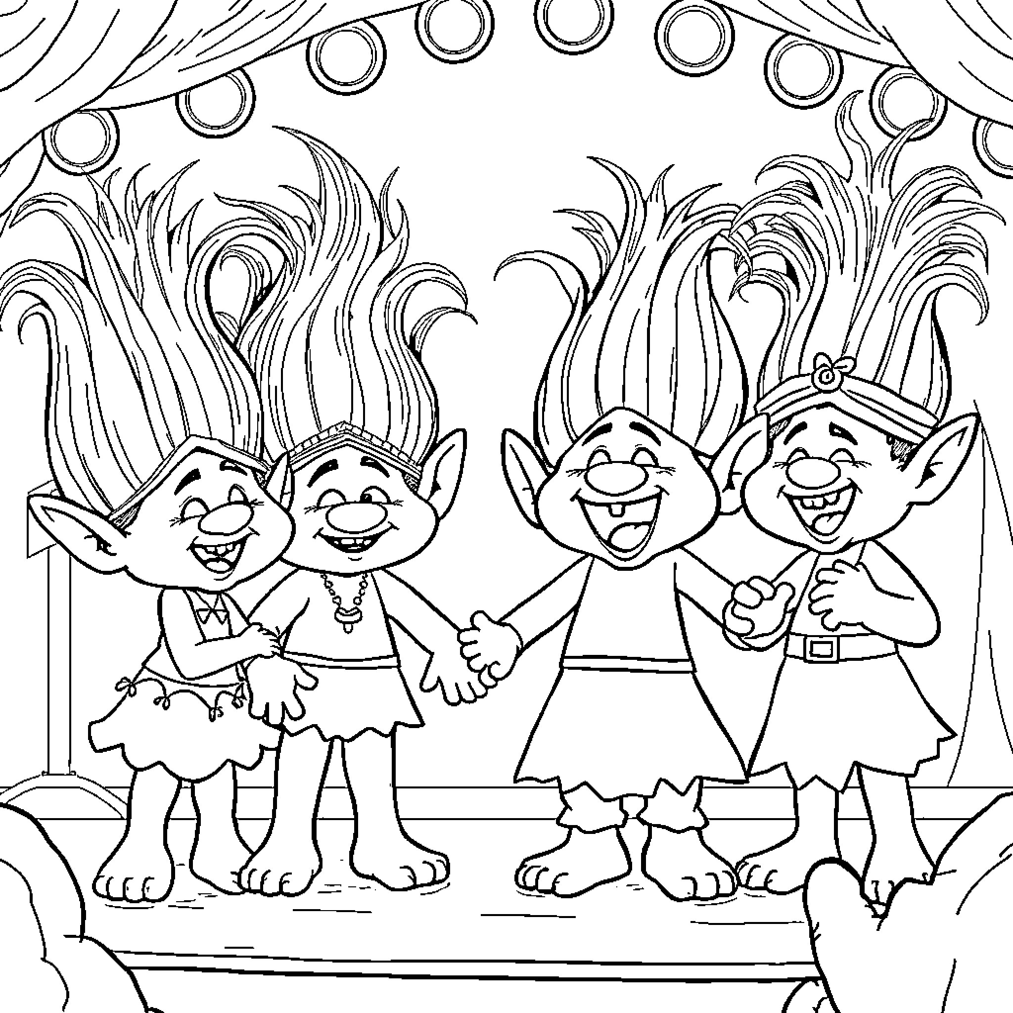 Troll Trolls Performing on Stage Coloring Page (free black-and-white line drawing printable PDF for all, from beginners to advanced learners, including children, teens, adults, and seniors)