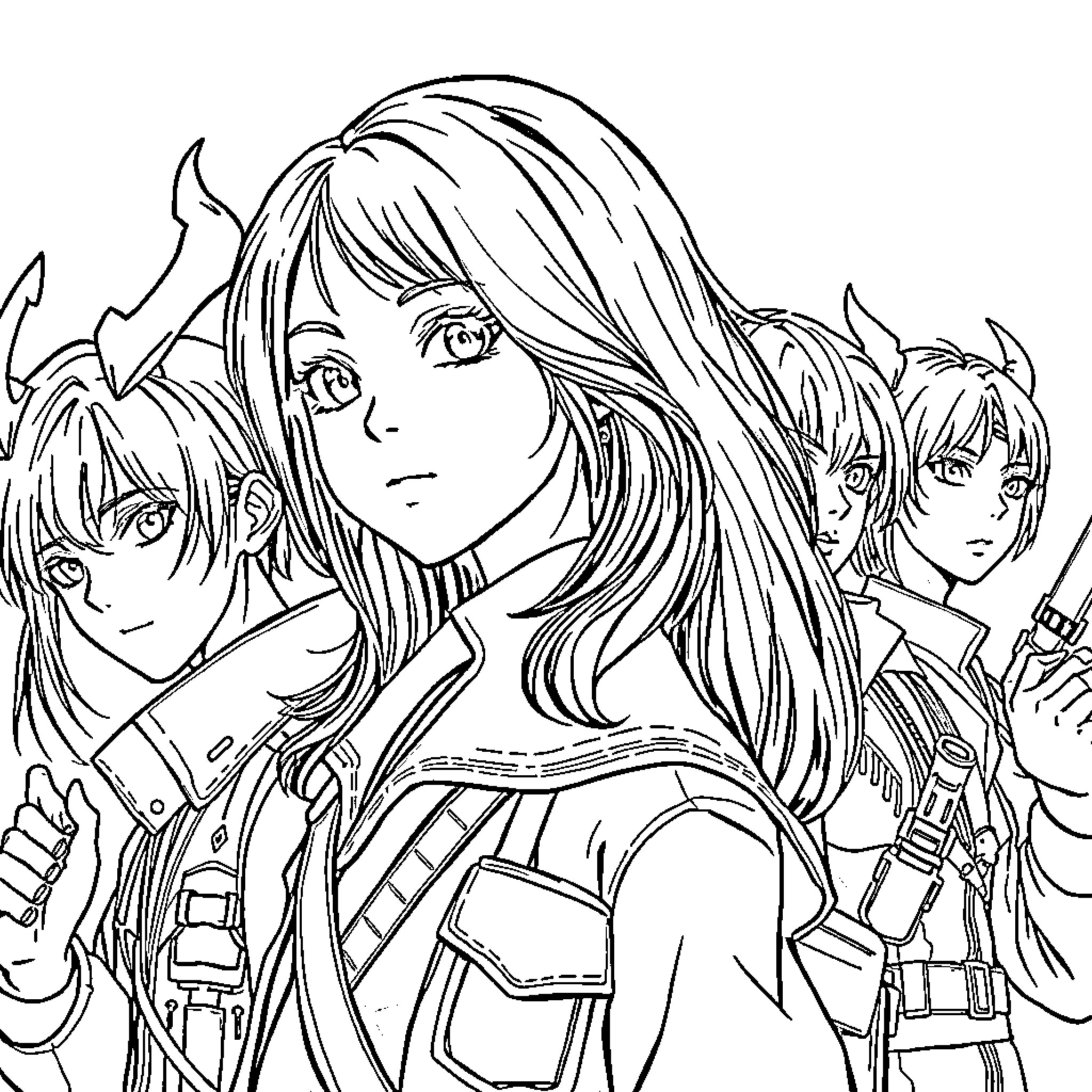 Demon Hunter Trio on a Dangerous Mission Coloring Page (free black-and-white line drawing printable PDF for all, from beginners to advanced learners, including children, teens, adults, and seniors)