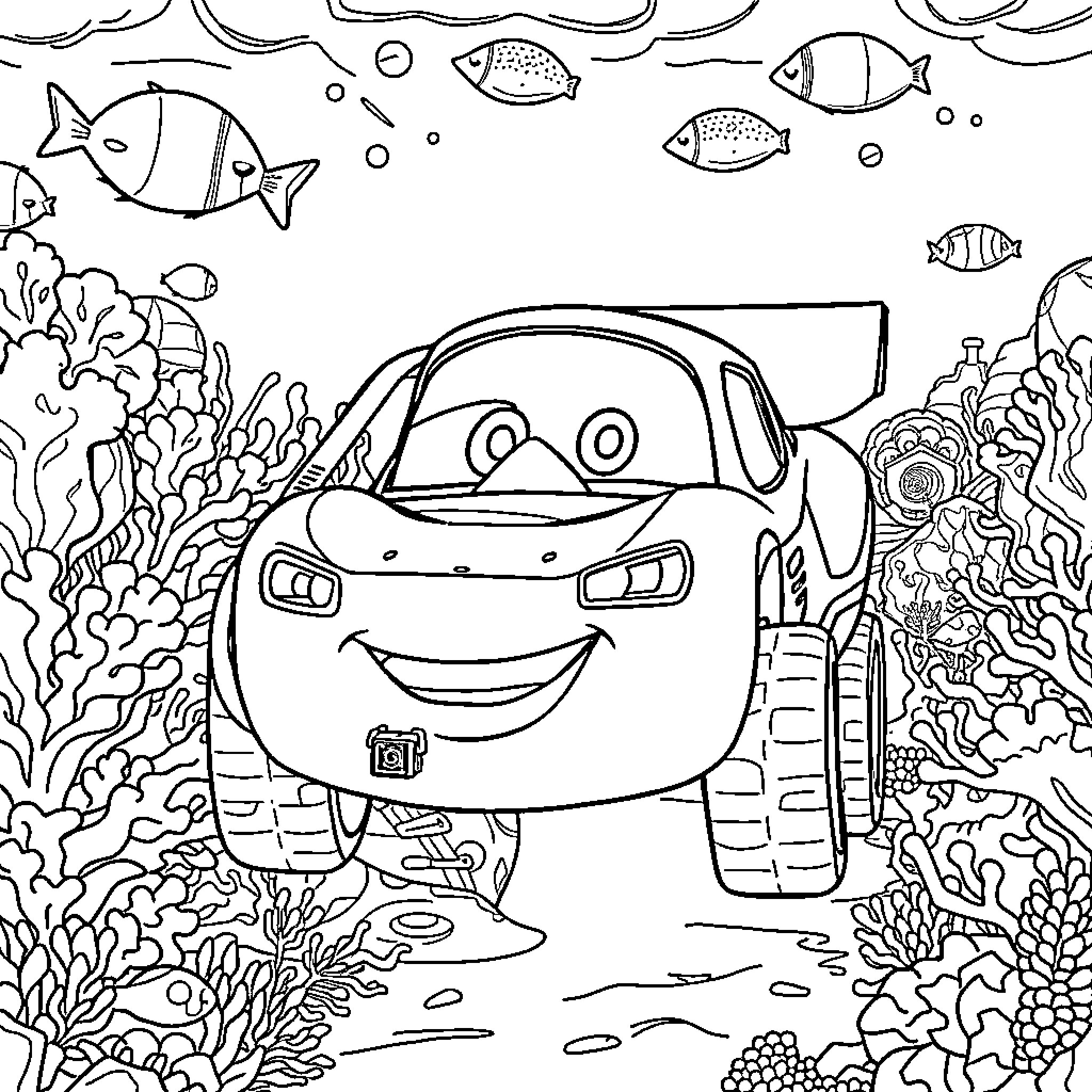 Lightning McQueen explores the underwater world Coloring Page (free black-and-white line drawing printable PDF for all, from beginners to advanced learners, including children, teens, adults, and seniors)