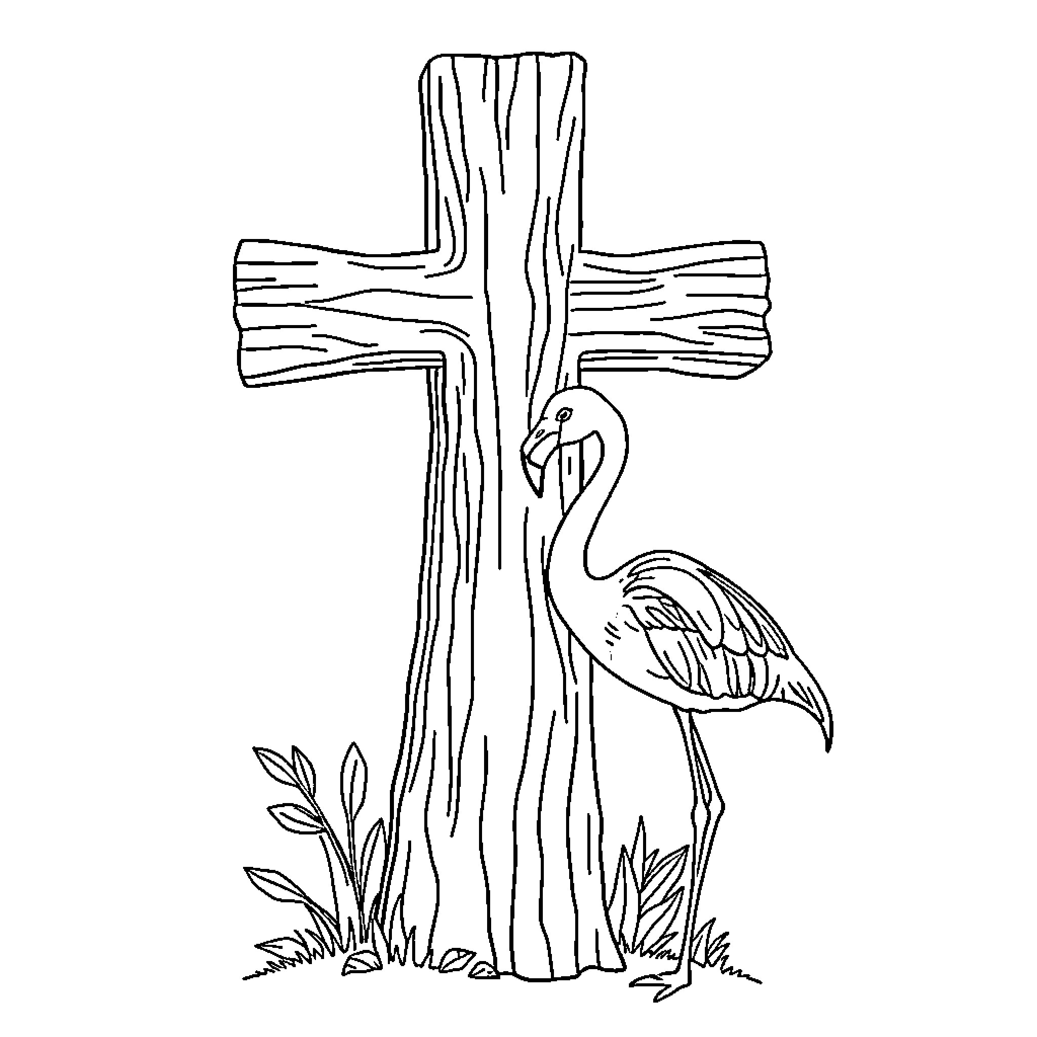 Cross with Adorned Wooden Texture and Elegant Flamingo Coloring Page (free black-and-white line drawing printable PDF for all, from beginners to advanced learners, including children, teens, adults, and seniors)