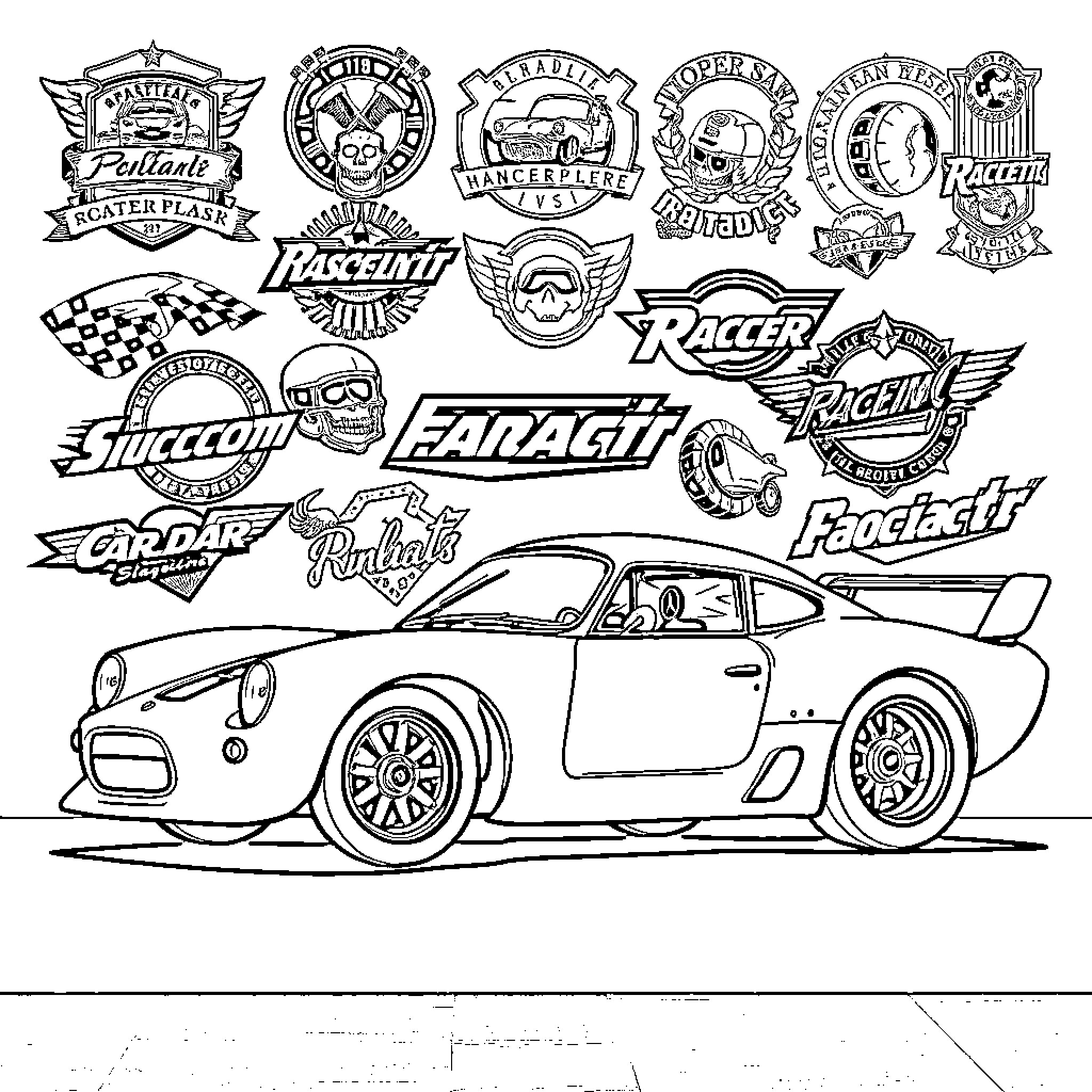 Racing Car Emblems and Symbols Coloring Page (free black-and-white line drawing printable PDF for all, from beginners to advanced learners, including children, teens, adults, and seniors)