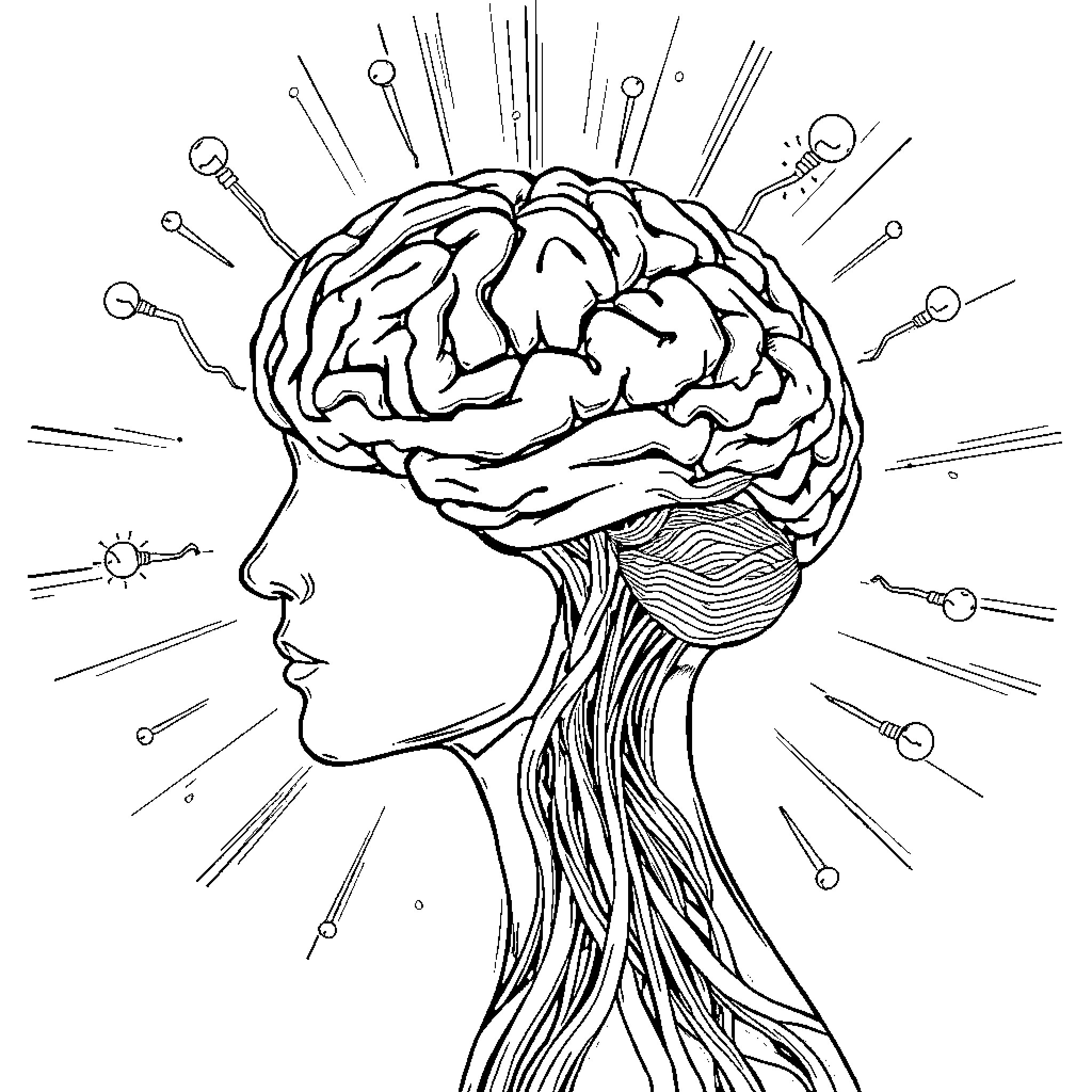 Brainrot Piercing Insights within the Mind Coloring Page (free black-and-white line drawing printable PDF for all, from beginners to advanced learners, including children, teens, adults, and seniors)