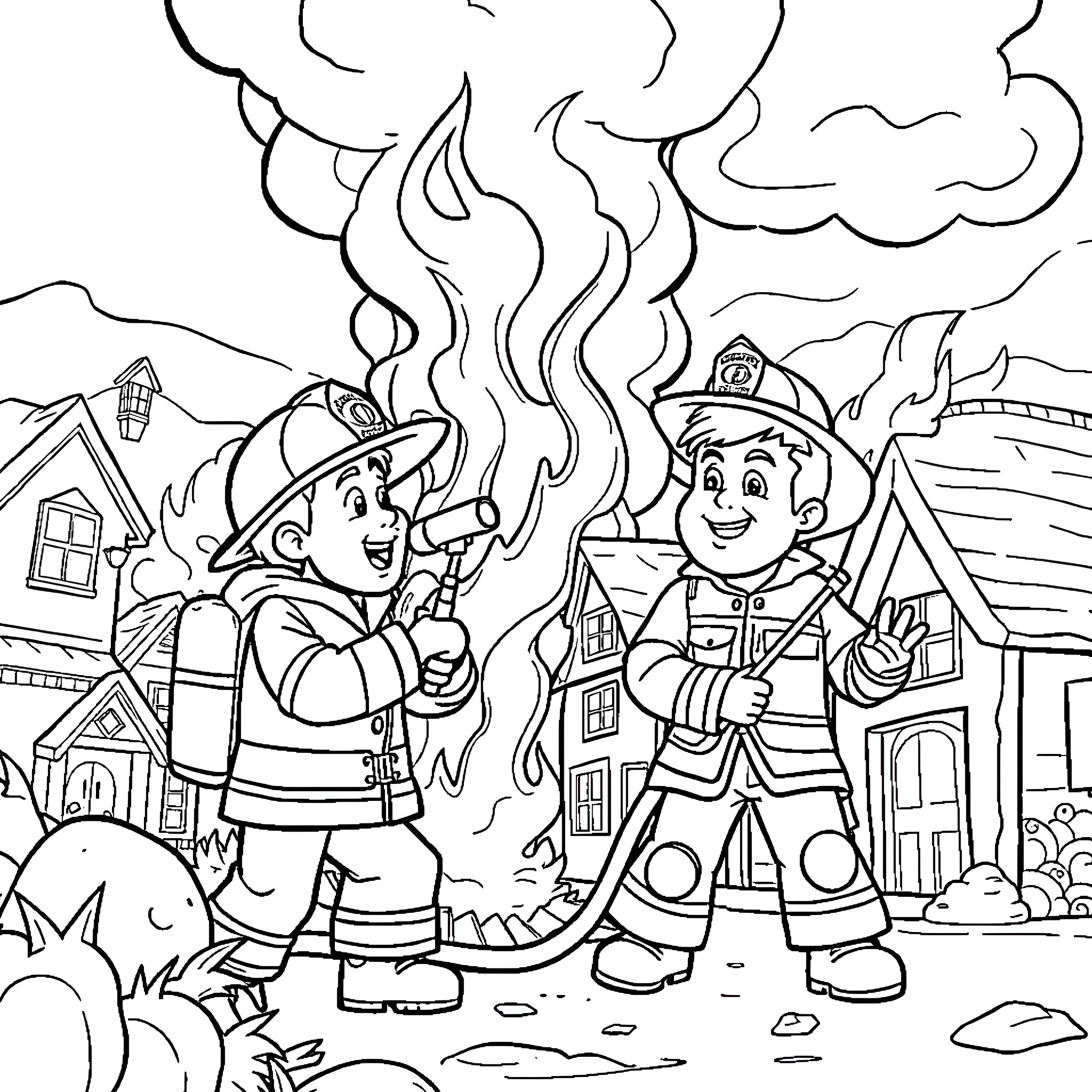 Firemen battling a blaze in a neighborhood Coloring Page (free black-and-white line drawing printable PDF for all, from beginners to advanced learners, including children, teens, adults, and seniors)