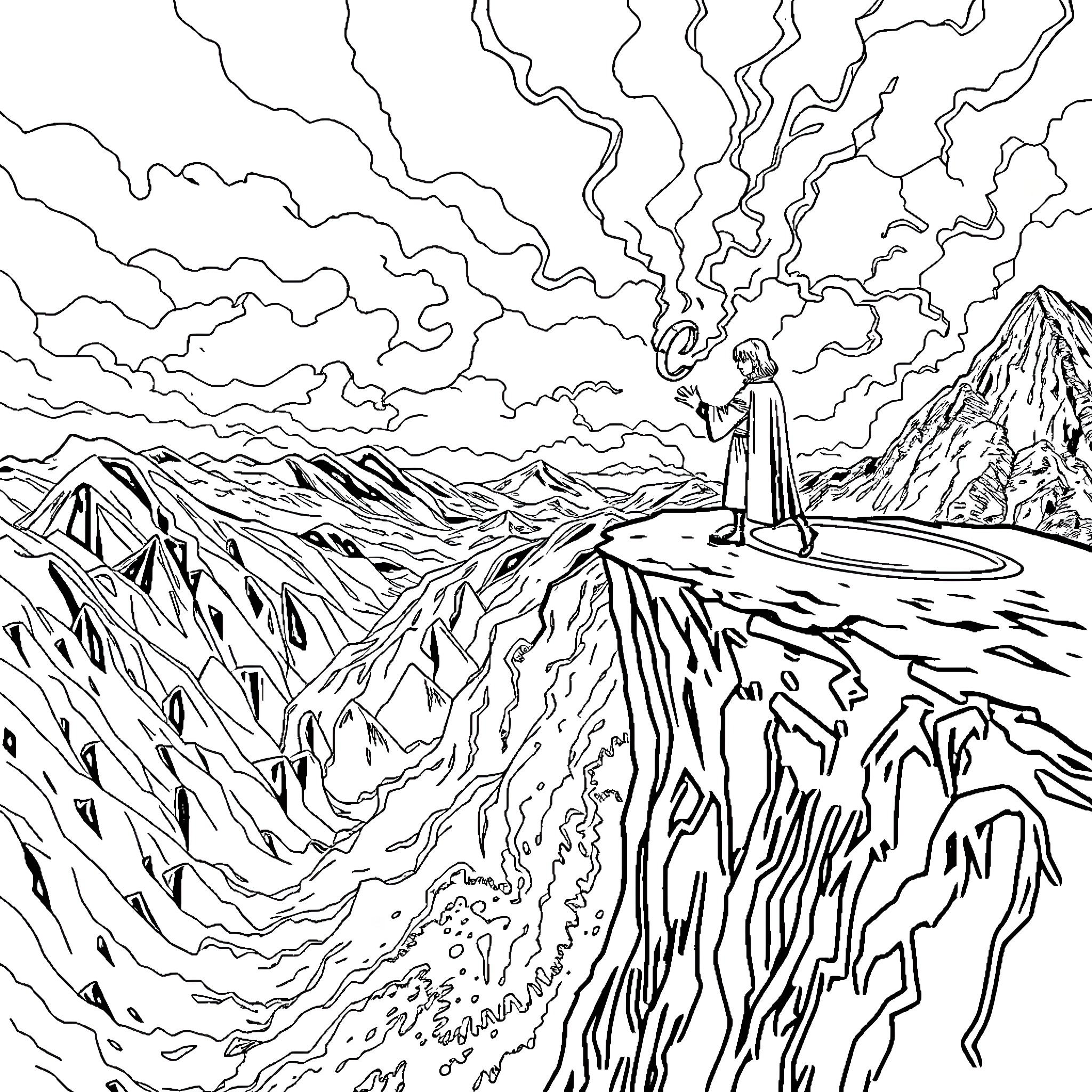 Frodo journeying through the treacherous landscapes of Middle-earth Coloring Page (free black-and-white line drawing printable PDF for all, from beginners to advanced learners, including children, teens, adults, and seniors)