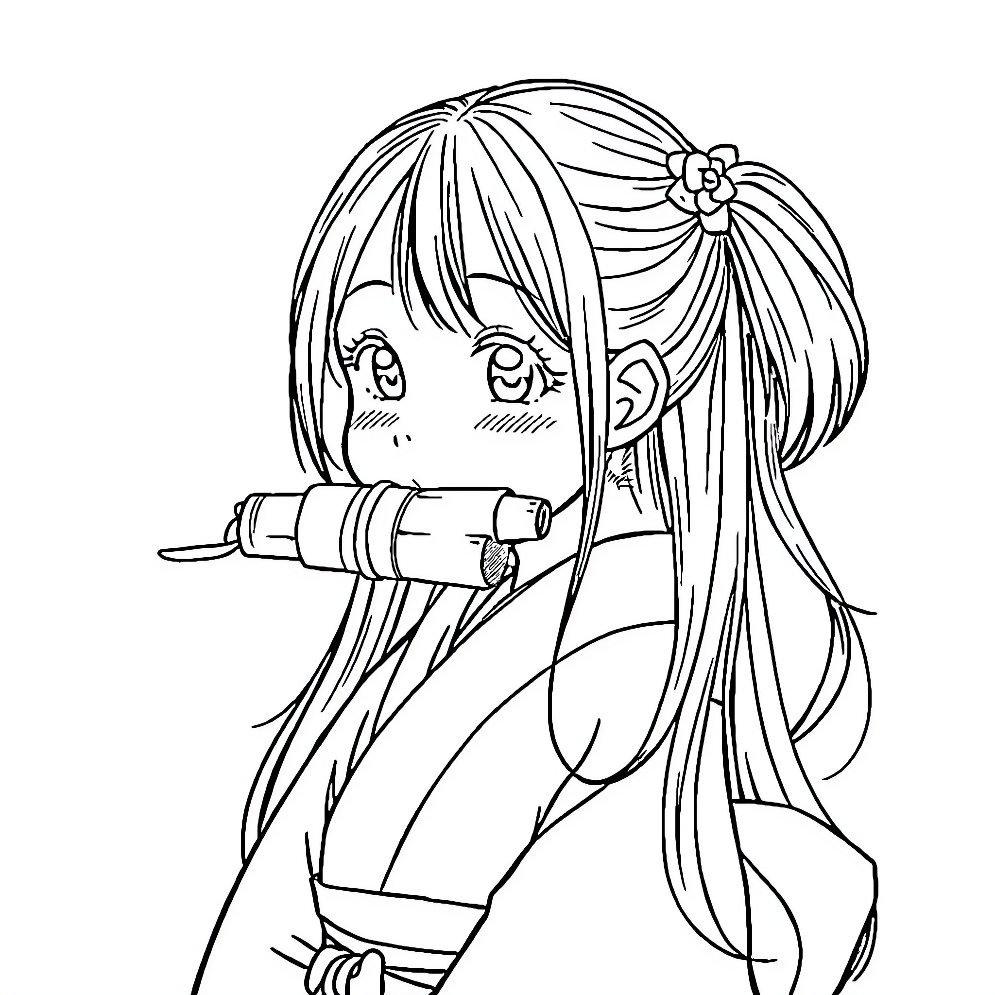 Nezuko wielding a sword with determination Coloring Page (free black-and-white line drawing printable PDF for all, from beginners to advanced learners, including children, teens, adults, and seniors)
