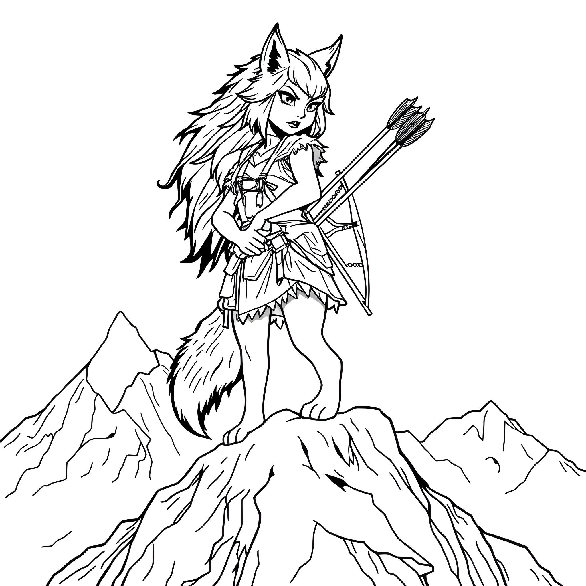 Wolf Girl Warrior Wielding Bow and Arrow in Mountainous Landscape Coloring Page (free black-and-white line drawing printable PDF for all, from beginners to advanced learners, including children, teens, adults, and seniors)