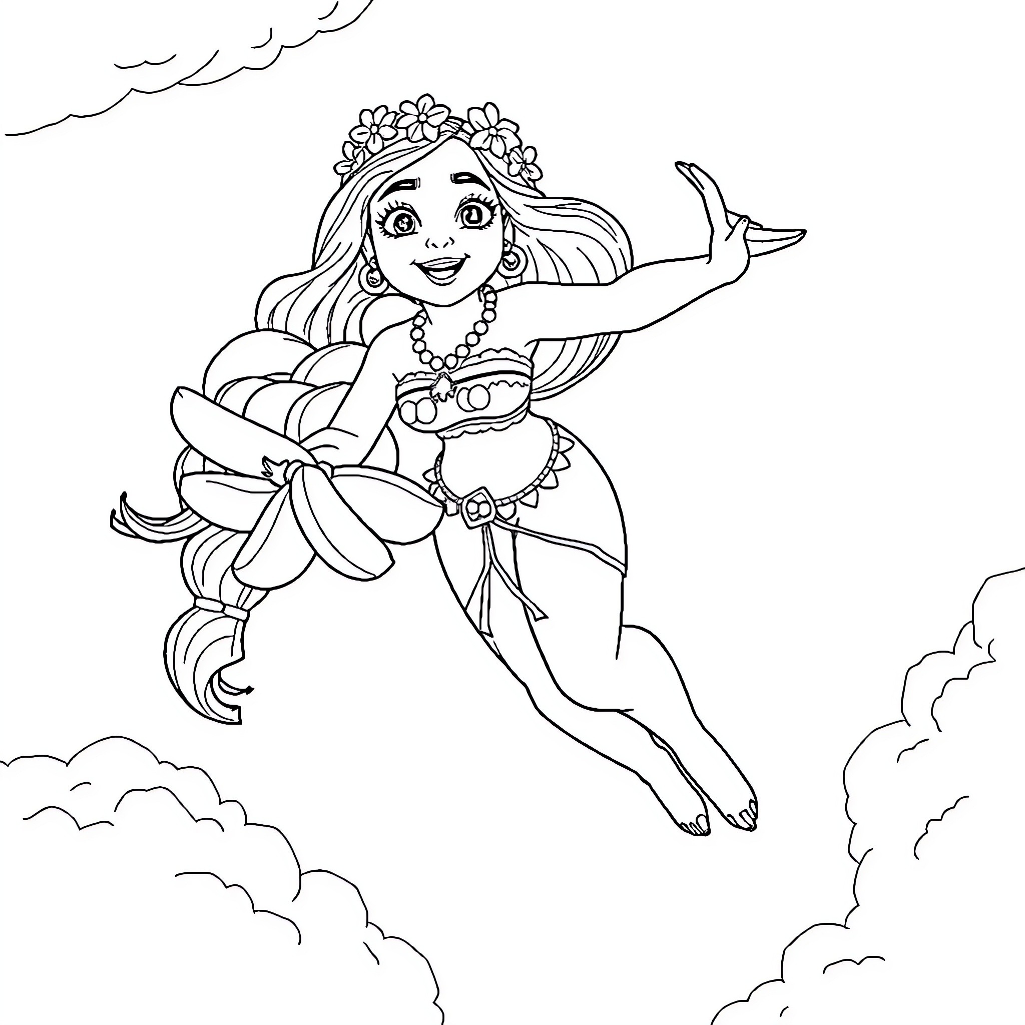 Vaiana soaring through the clouds with joy Coloring Page (free black-and-white line drawing printable PDF for all, from beginners to advanced learners, including children, teens, adults, and seniors)