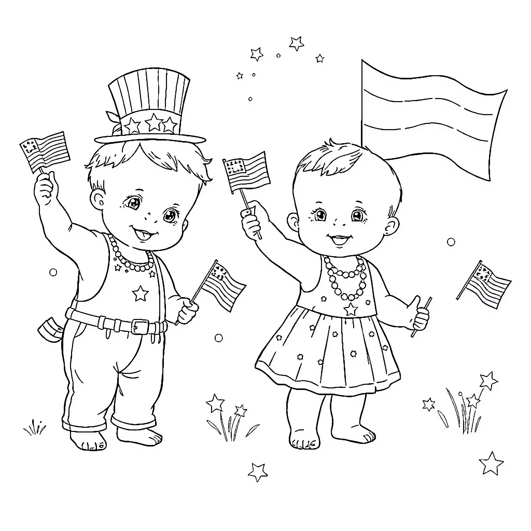 Baby Boy and Girl Celebrate Independence Coloring Page (free black-and-white line drawing printable PDF for all, from beginners to advanced learners, including children, teens, adults, and seniors)