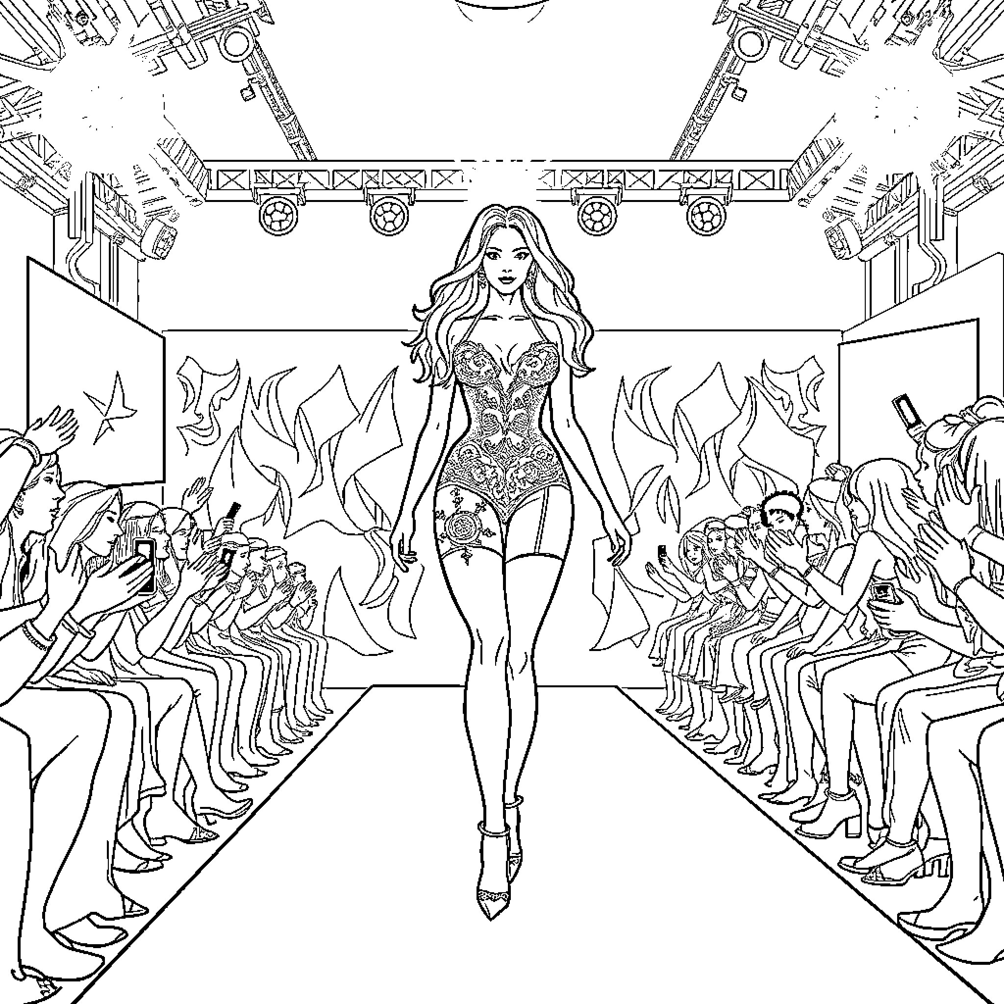 Quenlin Blackwell Strutting Down the Runway with Confidence Coloring Page (free black-and-white line drawing printable PDF for all, from beginners to advanced learners, including children, teens, adults, and seniors)