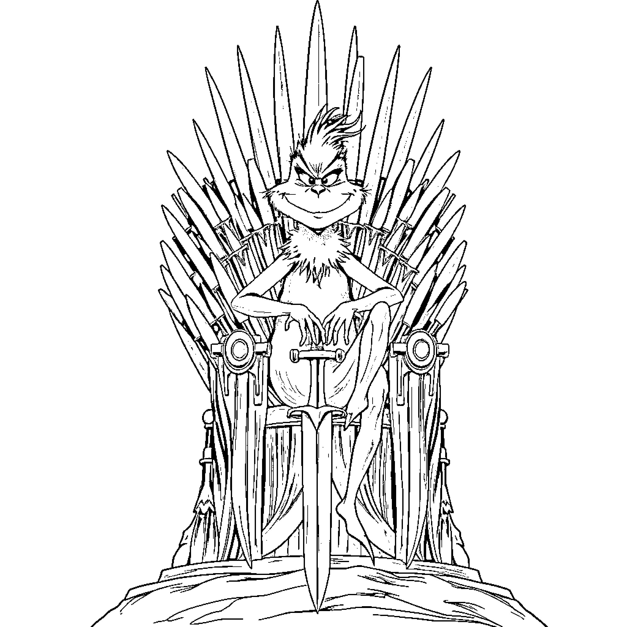 Grinch sitting on a throne of swords Coloring Page (free black-and-white line drawing printable PDF for all, from beginners to advanced learners, including children, teens, adults, and seniors)
