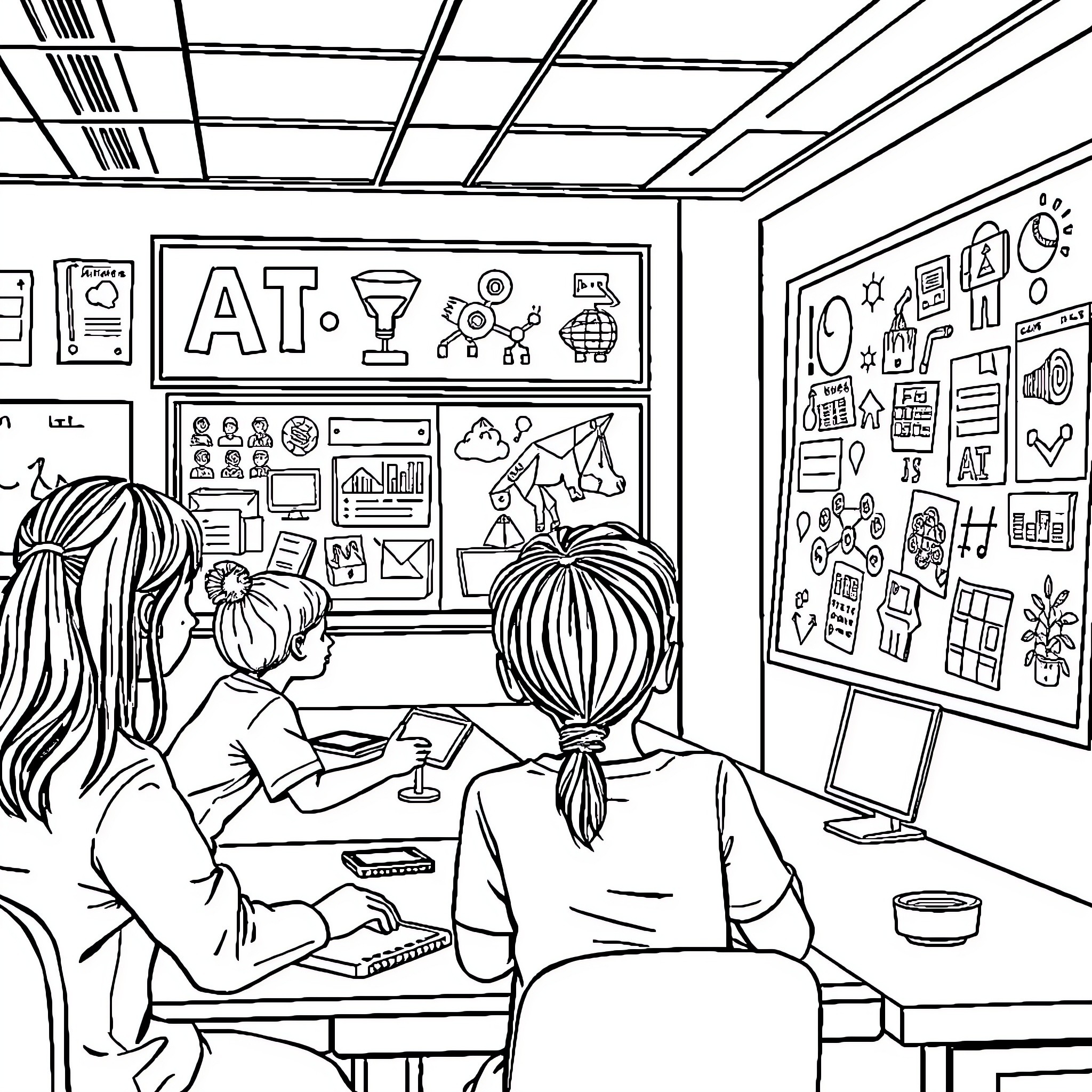 AI Students studying in a classroom setting Coloring Page (free black-and-white line drawing printable PDF for all, from beginners to advanced learners, including children, teens, adults, and seniors)