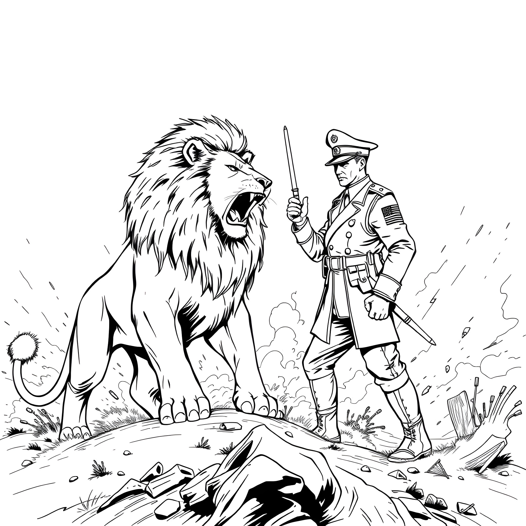 Lion roaring at a military officer on the battlefield Coloring Page (free black-and-white line drawing printable PDF for all, from beginners to advanced learners, including children, teens, adults, and seniors)
