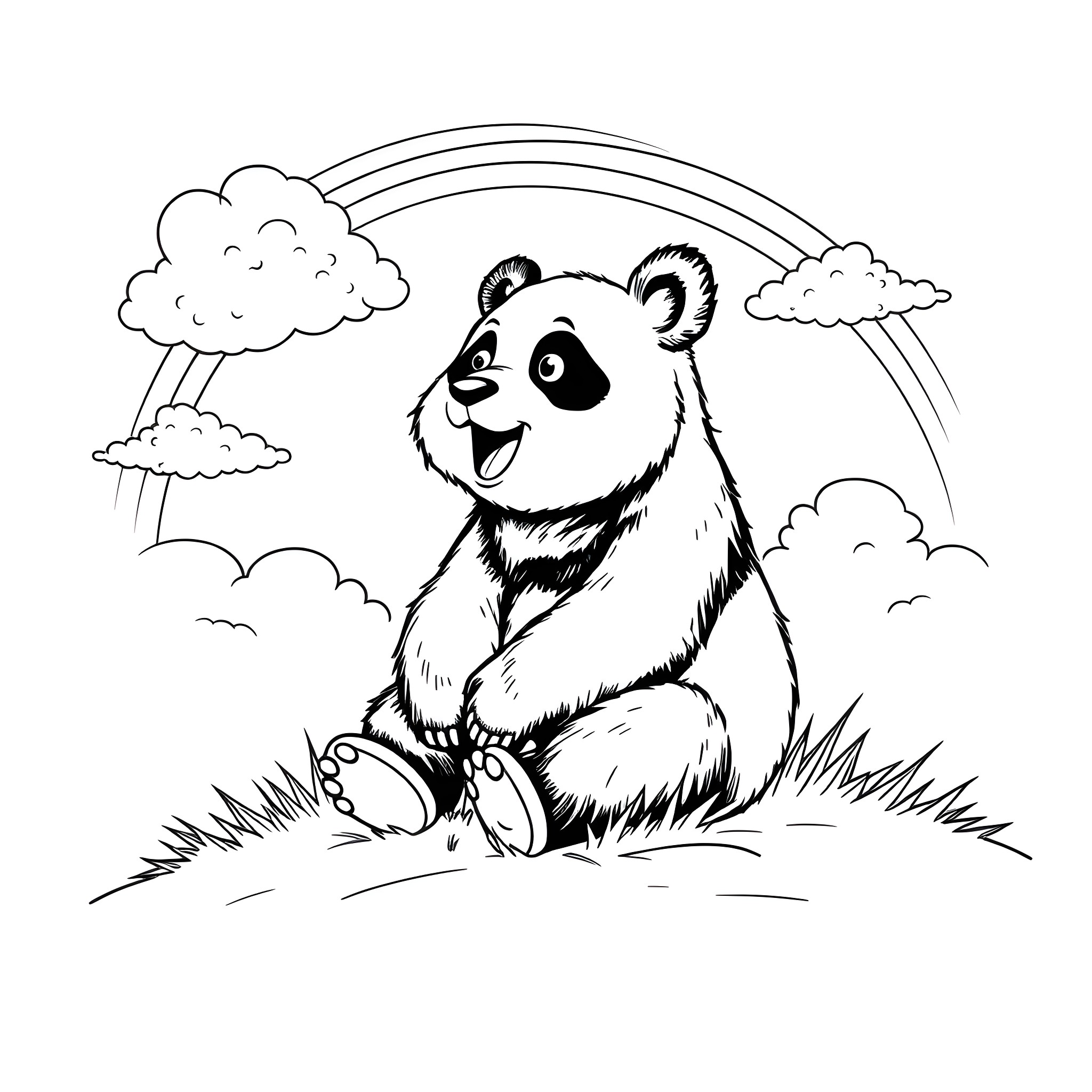 Panda sitting happily in the field with rainbows Coloring Page (free black-and-white line drawing printable PDF for all, from beginners to advanced learners, including children, teens, adults, and seniors)