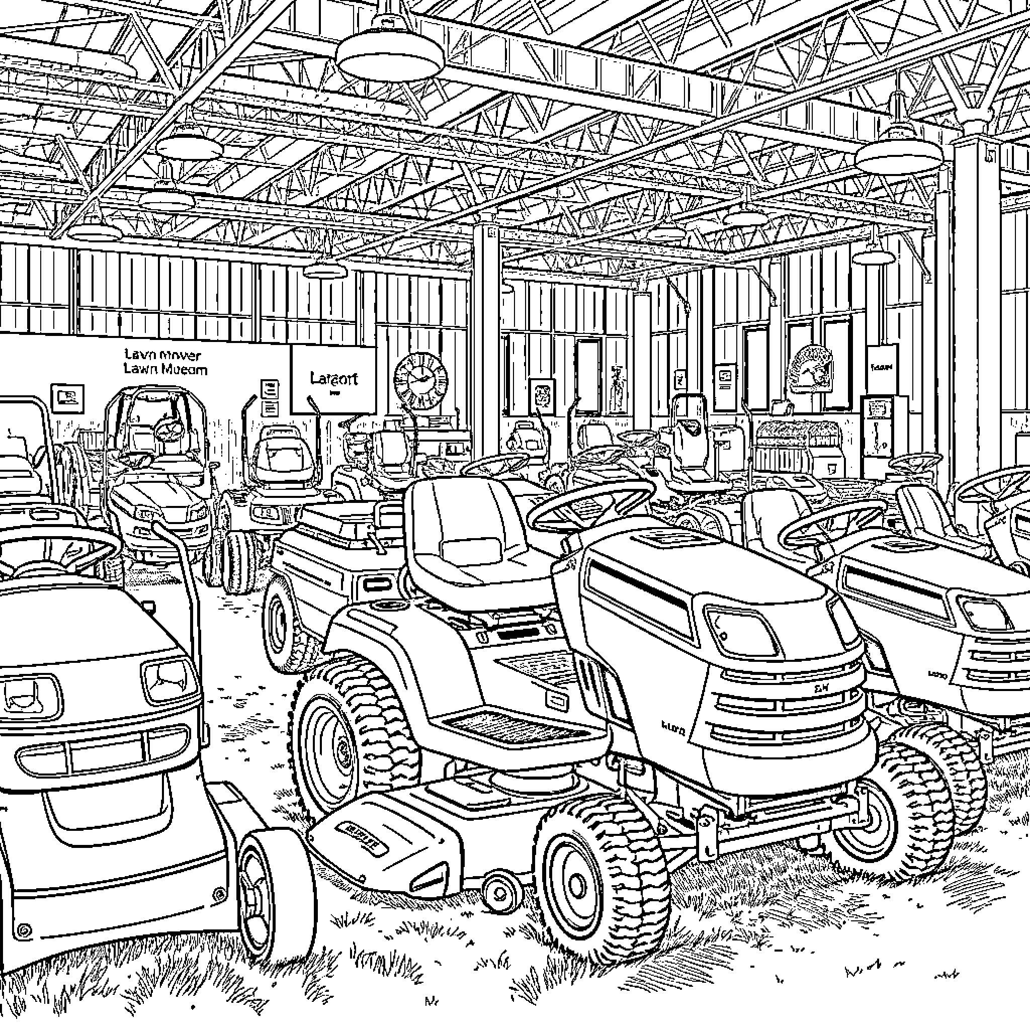 Lawn Mower Display with Various Outdoor Equipment Coloring Page (free black-and-white line drawing printable PDF for all, from beginners to advanced learners, including children, teens, adults, and seniors)