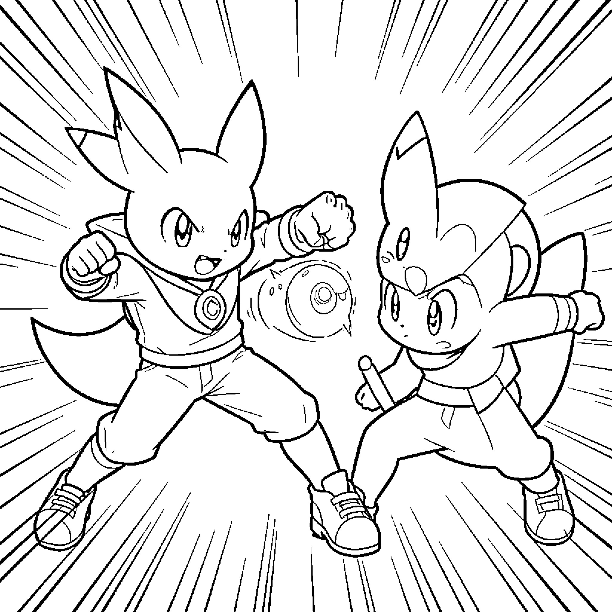 Frenky characters engaging in an energetic battle scene Coloring Page (free black-and-white line drawing printable PDF for all, from beginners to advanced learners, including children, teens, adults, and seniors)