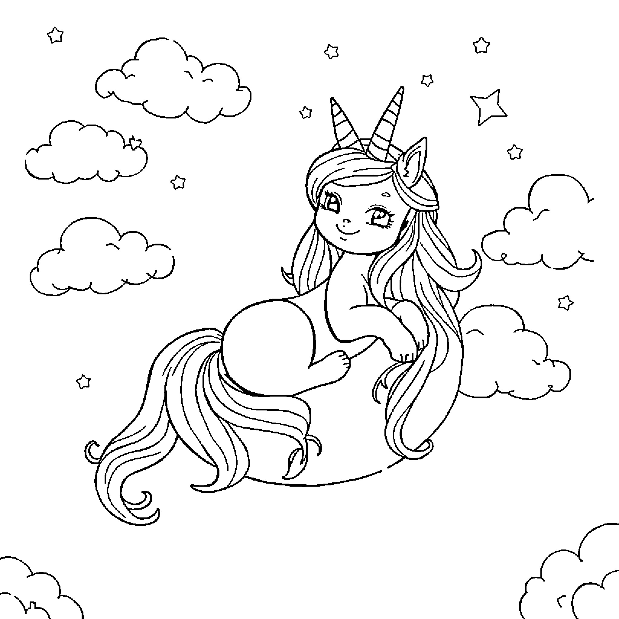 Gabi's Magical Unicorn Daydream Coloring Page (free black-and-white line drawing printable PDF for all, from beginners to advanced learners, including children, teens, adults, and seniors)