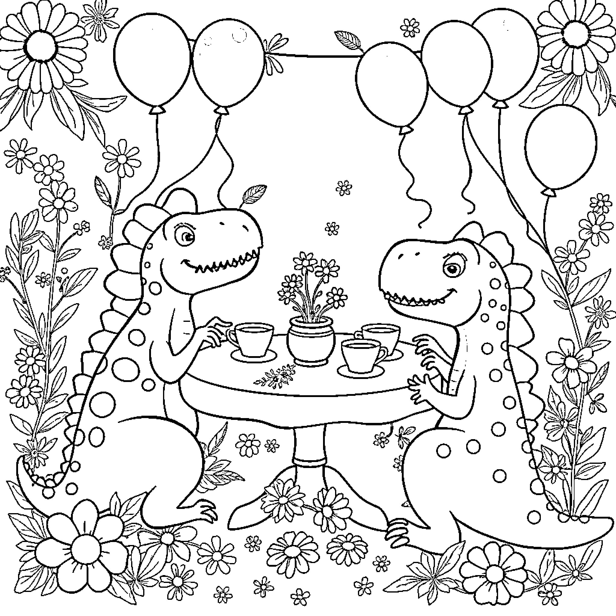 Dinosaurs enjoying a tea party with balloons Coloring Page (free black-and-white line drawing printable PDF for all, from beginners to advanced learners, including children, teens, adults, and seniors)