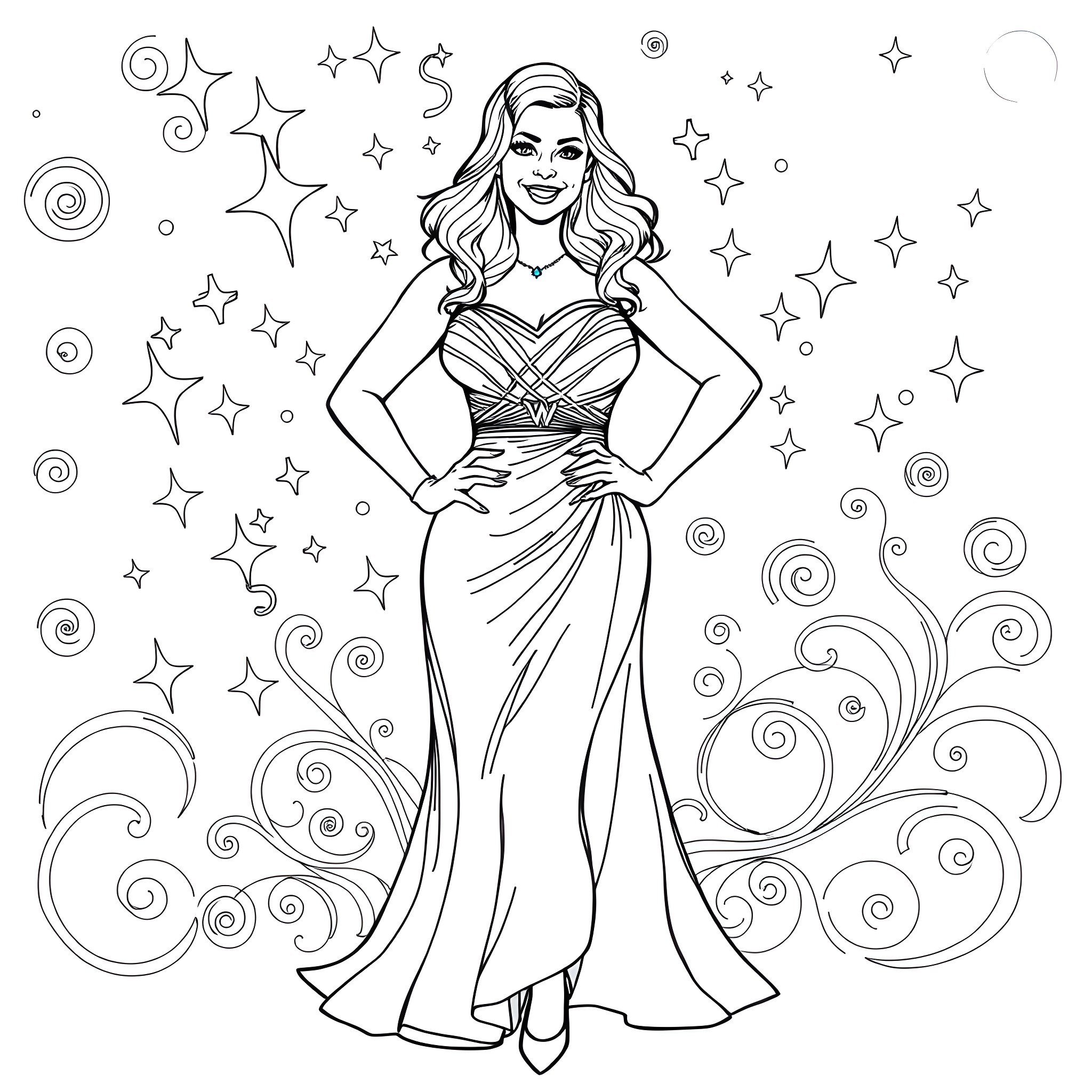John Cena glamorously poses in a dazzling evening gown Coloring Page (free black-and-white line drawing printable PDF for all, from beginners to advanced learners, including children, teens, adults, and seniors)