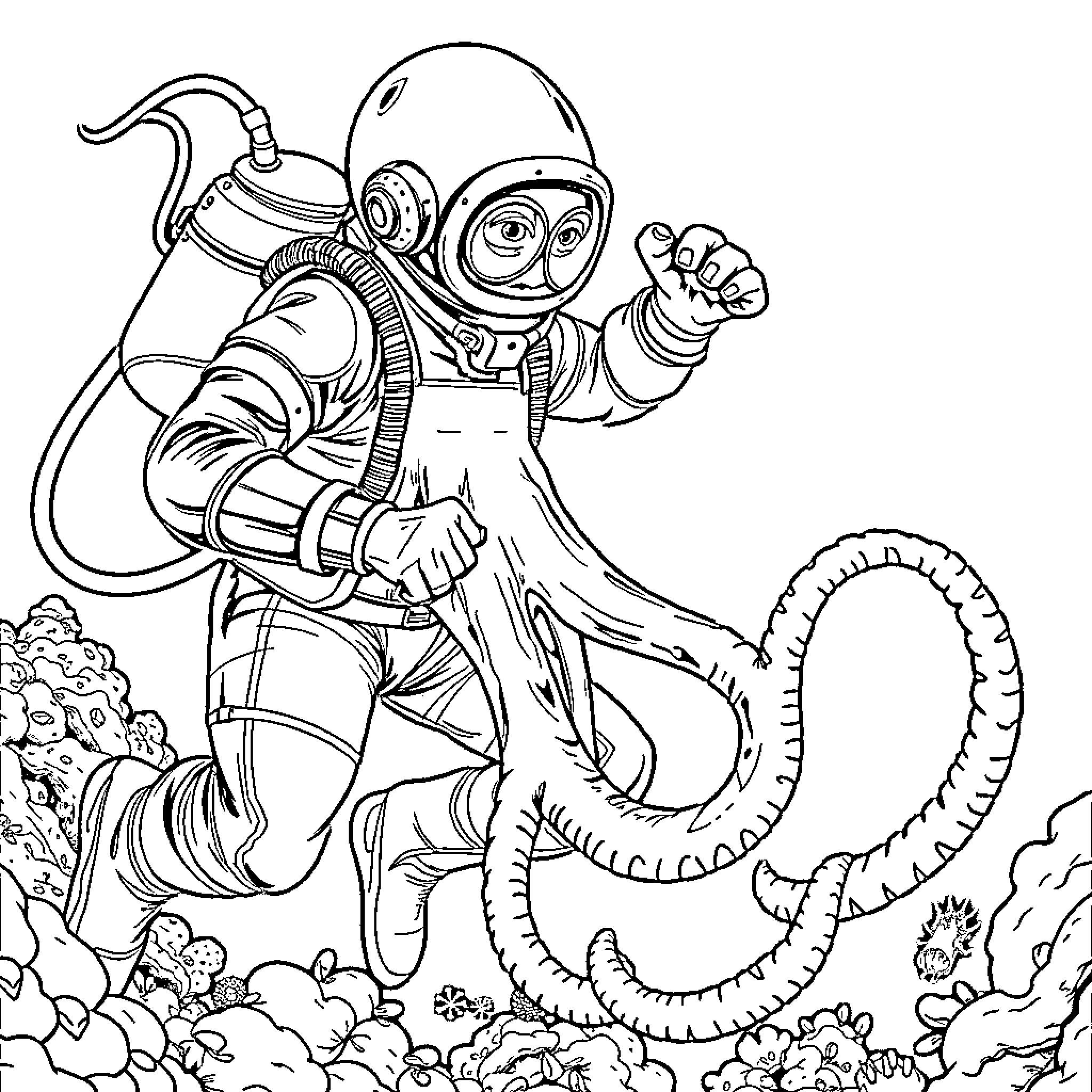 Diver exploring underwater adventure Coloring Page (free black-and-white line drawing printable PDF for all, from beginners to advanced learners, including children, teens, adults, and seniors)