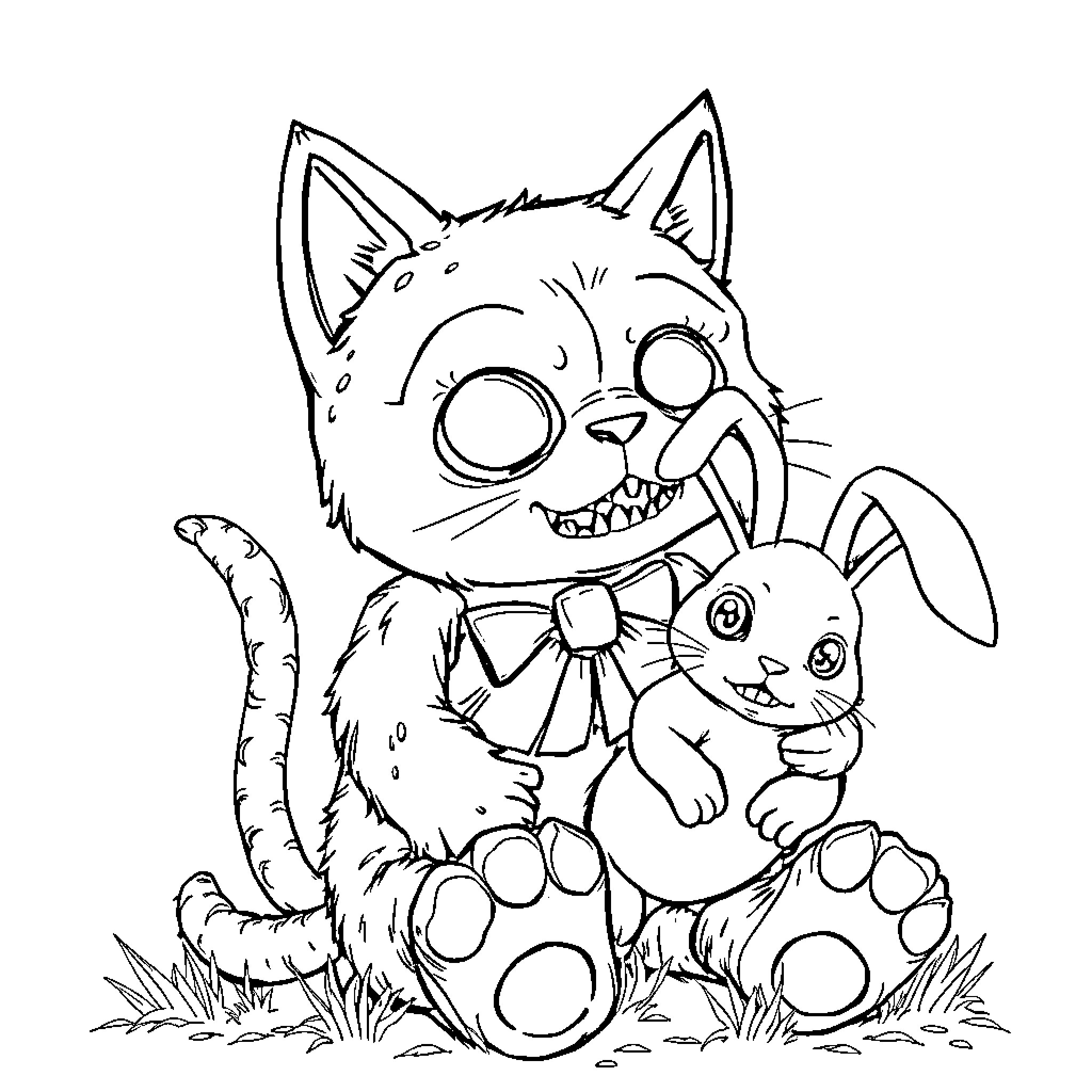 Zombie Cat Playing with Furry Companion Coloring Page (free black-and-white line drawing printable PDF for all, from beginners to advanced learners, including children, teens, adults, and seniors)
