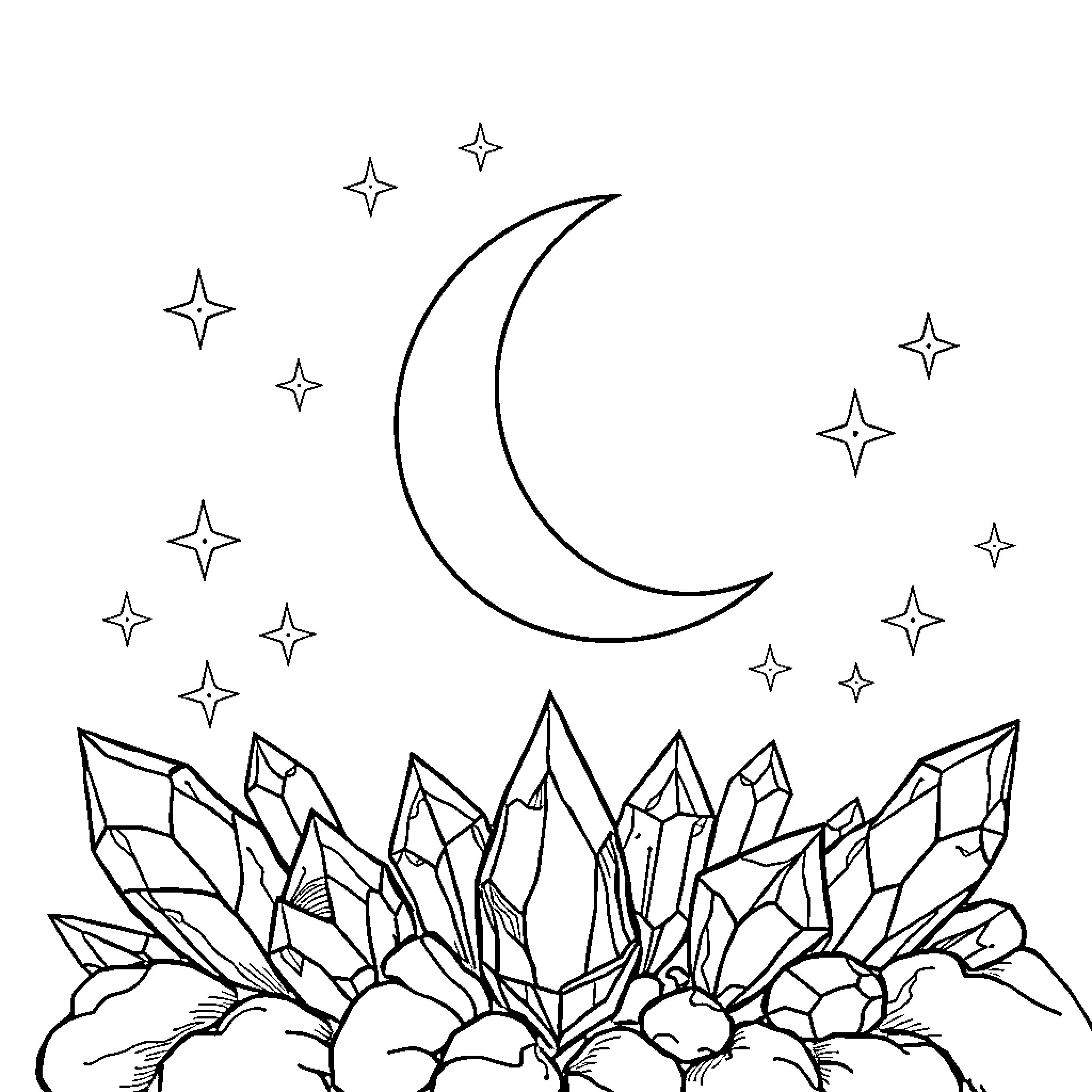 Moon shining over crystal formations Coloring Page (free black-and-white line drawing printable PDF for all, from beginners to advanced learners, including children, teens, adults, and seniors)