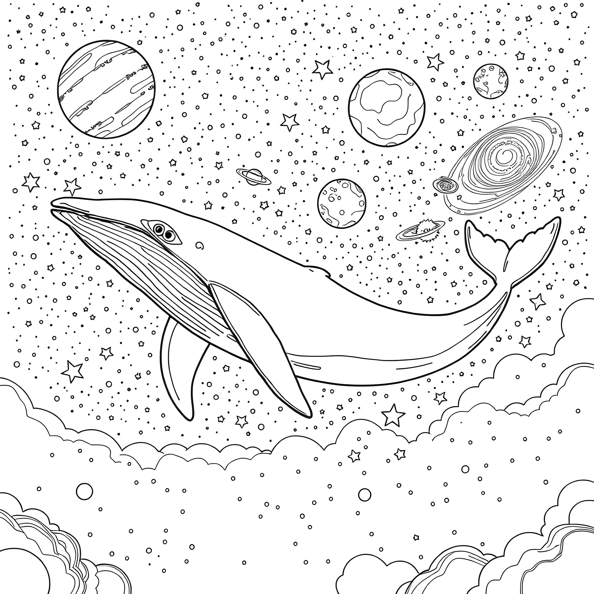 Whale swimming among cosmic planets and stars Coloring Page (free black-and-white line drawing printable PDF for all, from beginners to advanced learners, including children, teens, adults, and seniors)