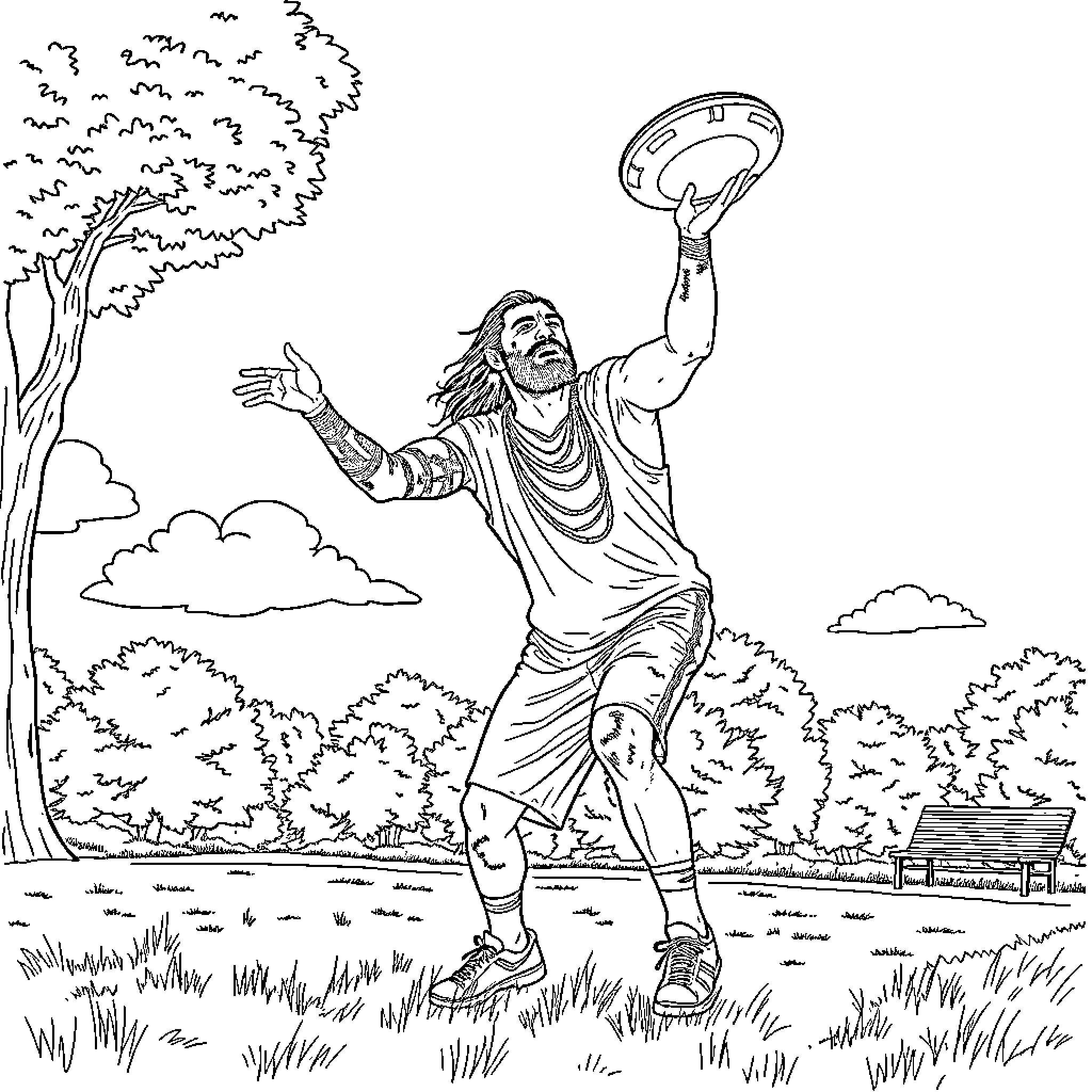 Roman Reigns celebrating victory with championship belt Coloring Page (free black-and-white line drawing printable PDF for all, from beginners to advanced learners, including children, teens, adults, and seniors)
