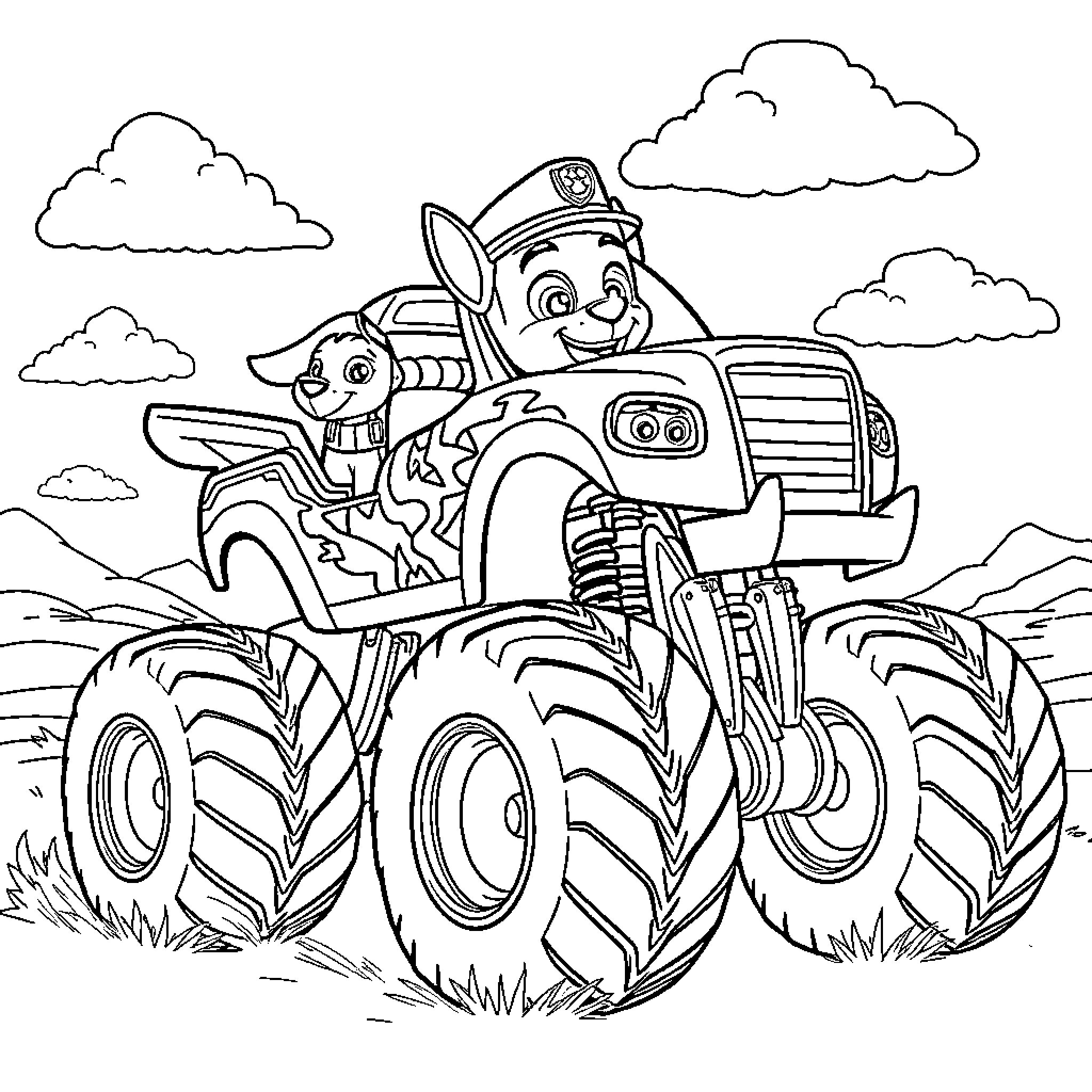 Paw Patrol Pups in Monster Truck Adventure Coloring Page (free black-and-white line drawing printable PDF for all, from beginners to advanced learners, including children, teens, adults, and seniors)