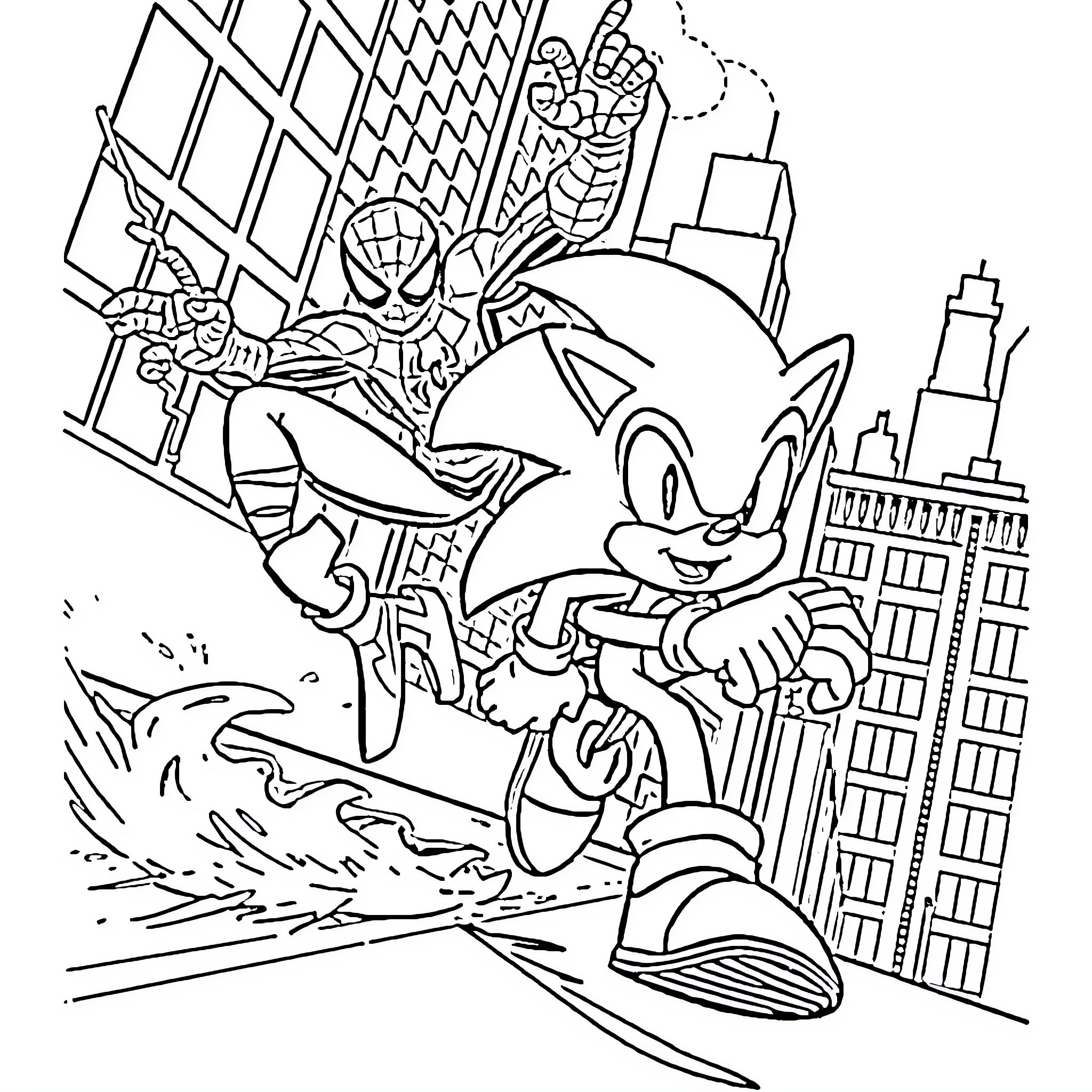 Sonic's Thrilling Urban Adventure Coloring Page (free black-and-white line drawing printable PDF for all, from beginners to advanced learners, including children, teens, adults, and seniors)
