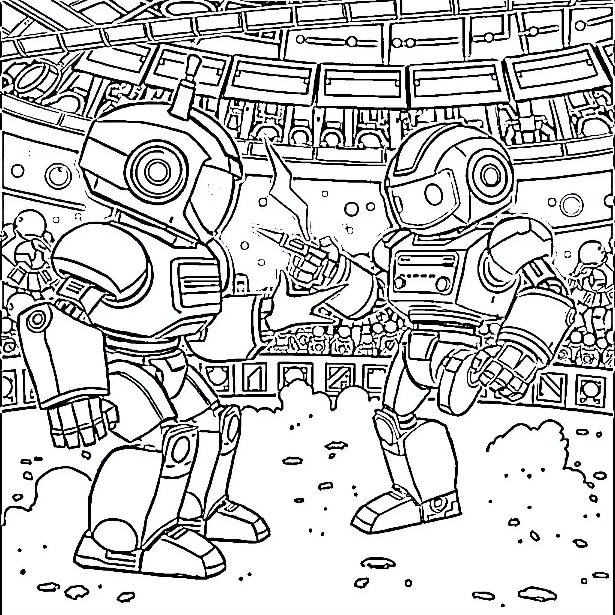 Robot exploration of futuristic alien cityscape Coloring Page (free black-and-white line drawing printable PDF for all, from beginners to advanced learners, including children, teens, adults, and seniors)