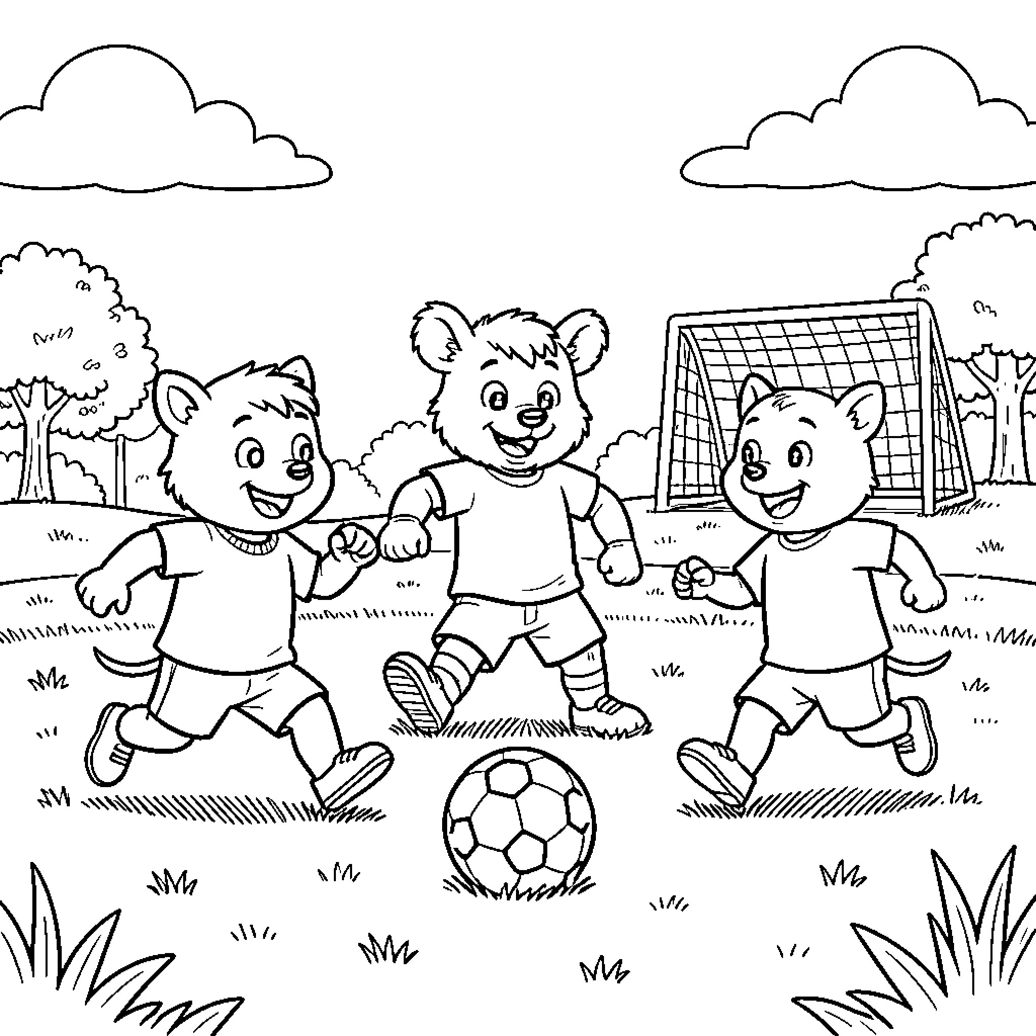 Bamse and friends playing soccer in a park Coloring Page (free black-and-white line drawing printable PDF for all, from beginners to advanced learners, including children, teens, adults, and seniors)