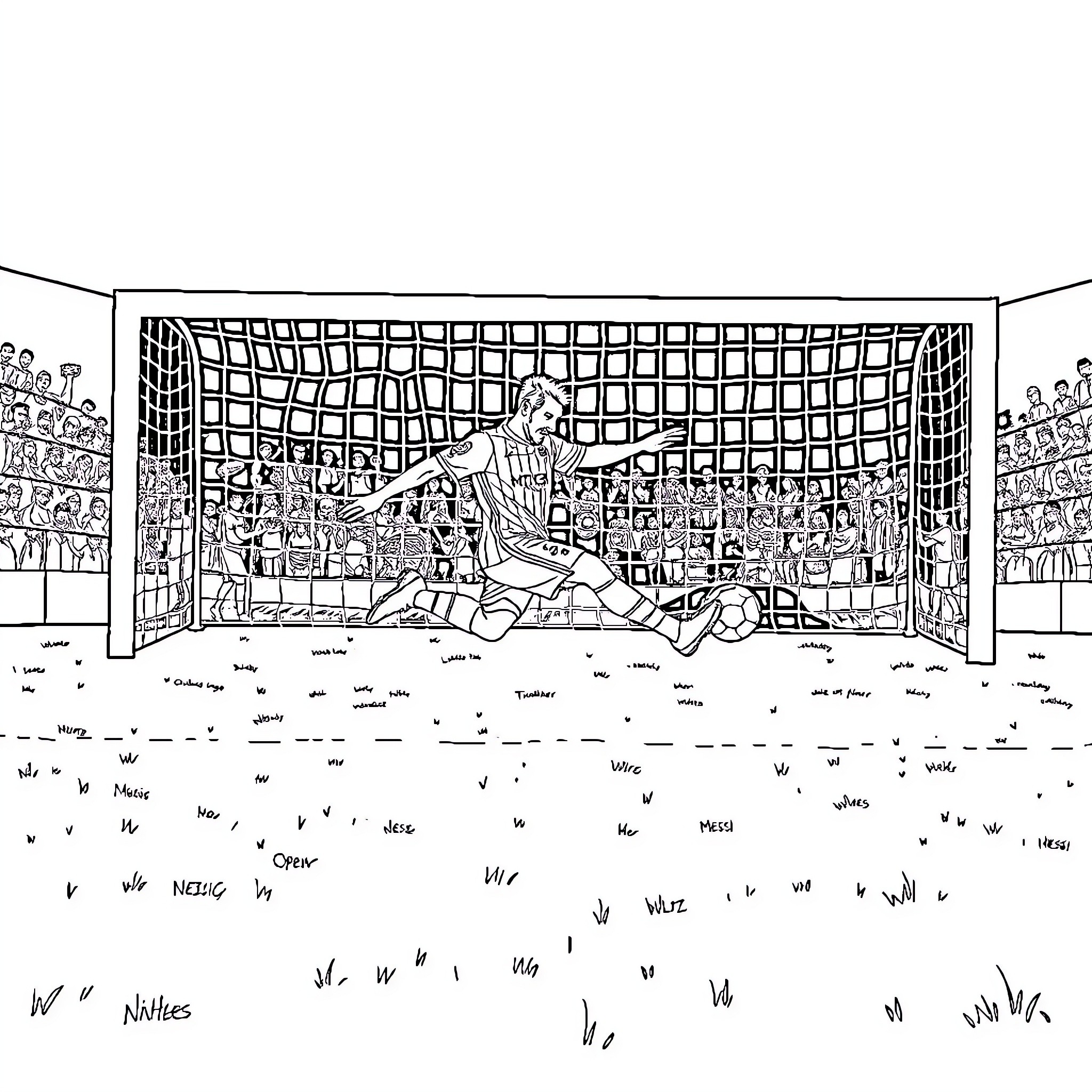 Messi celebrating a goal in a football stadium Coloring Page (free black-and-white line drawing printable PDF for all, from beginners to advanced learners, including children, teens, adults, and seniors)