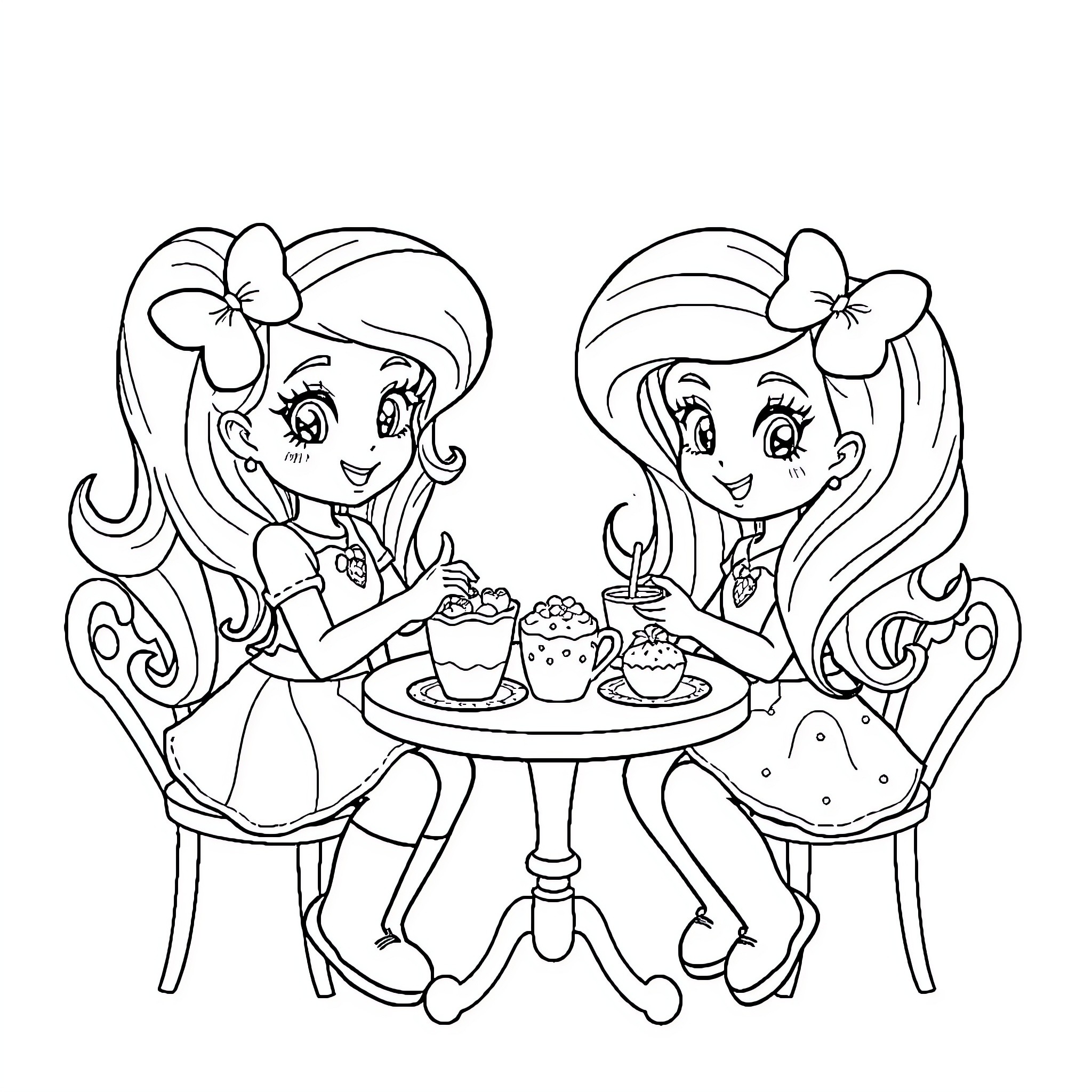 Rainbow Bright Friends Enjoying a Cozy Treat Coloring Page (free black-and-white line drawing printable PDF for all, from beginners to advanced learners, including children, teens, adults, and seniors)