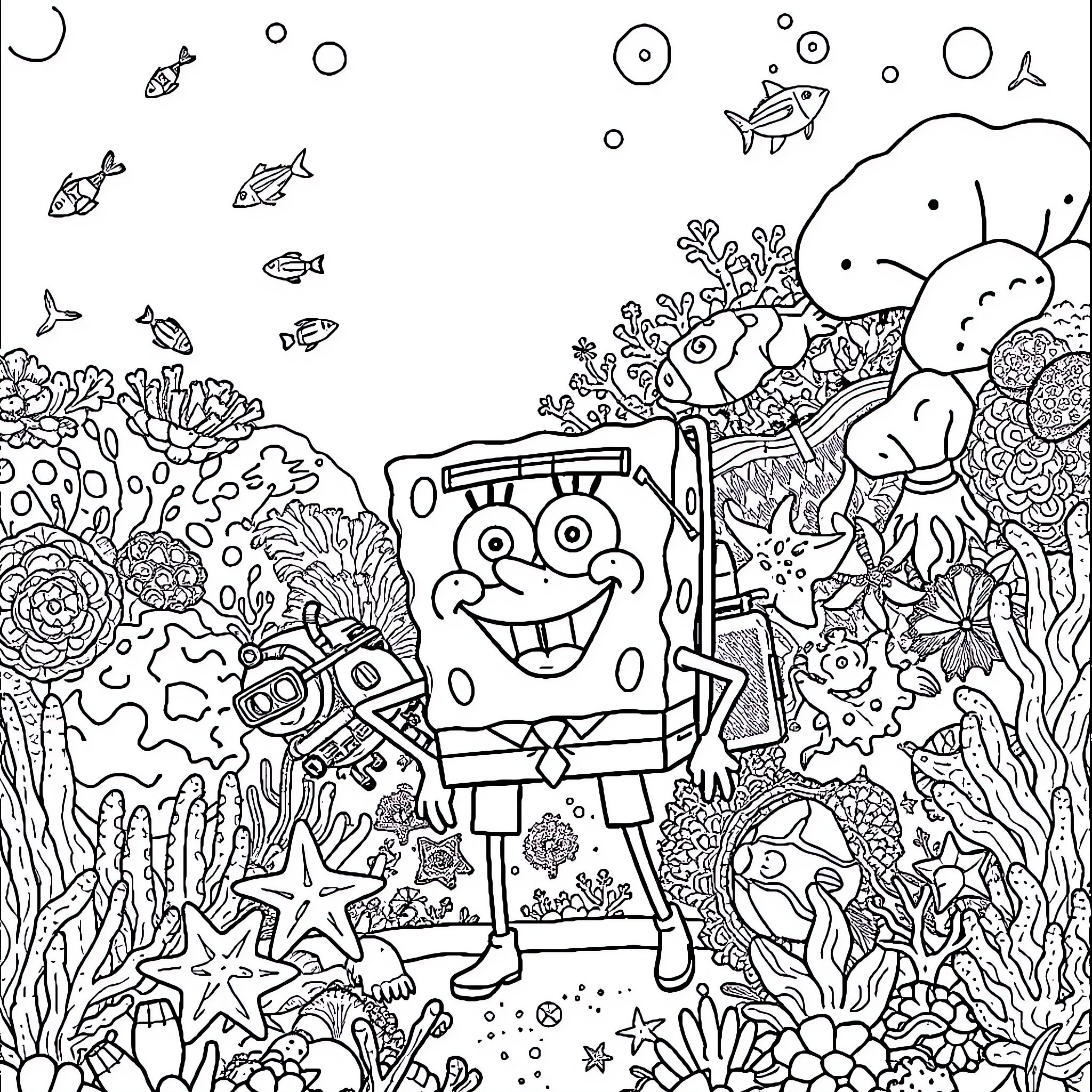 Sea Creature Characters Exploring Vibrant Underwater World Coloring Page (free black-and-white line drawing printable PDF for all, from beginners to advanced learners, including children, teens, adults, and seniors)