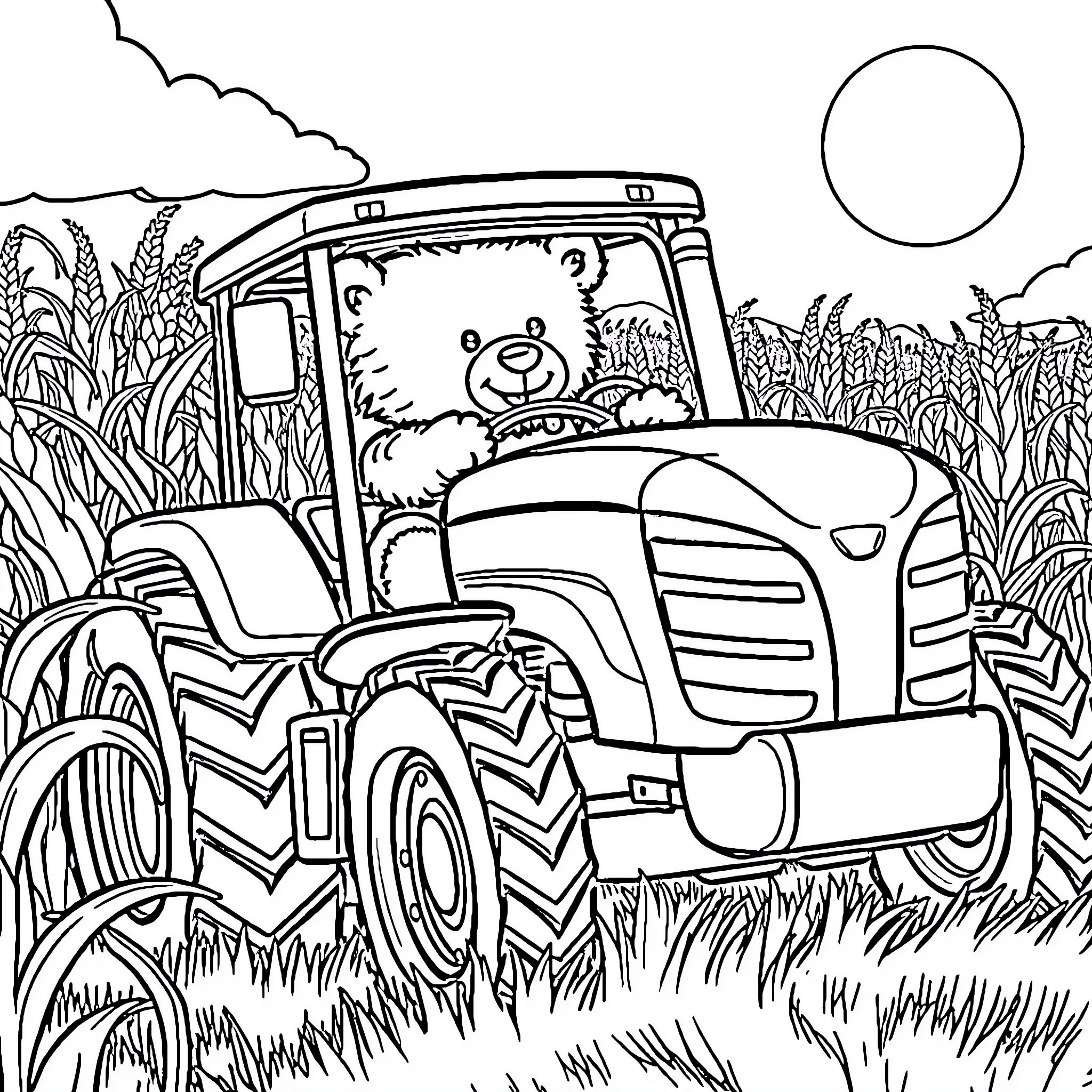 Teddy bear driving a tractor through the field Coloring Page (free black-and-white line drawing printable PDF for all, from beginners to advanced learners, including children, teens, adults, and seniors)