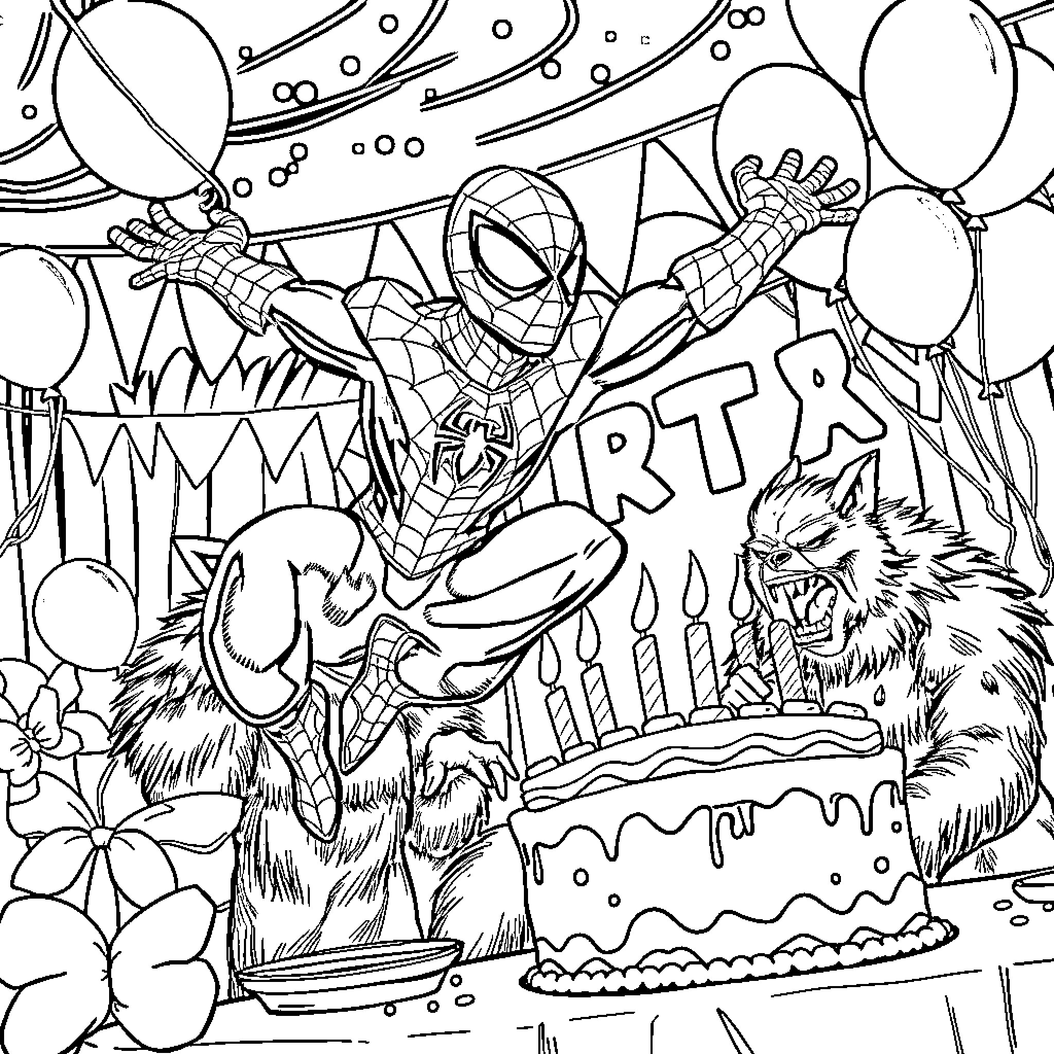 Spider-Man celebrates his birthday with party decorations Coloring Page (free black-and-white line drawing printable PDF for all, from beginners to advanced learners, including children, teens, adults, and seniors)