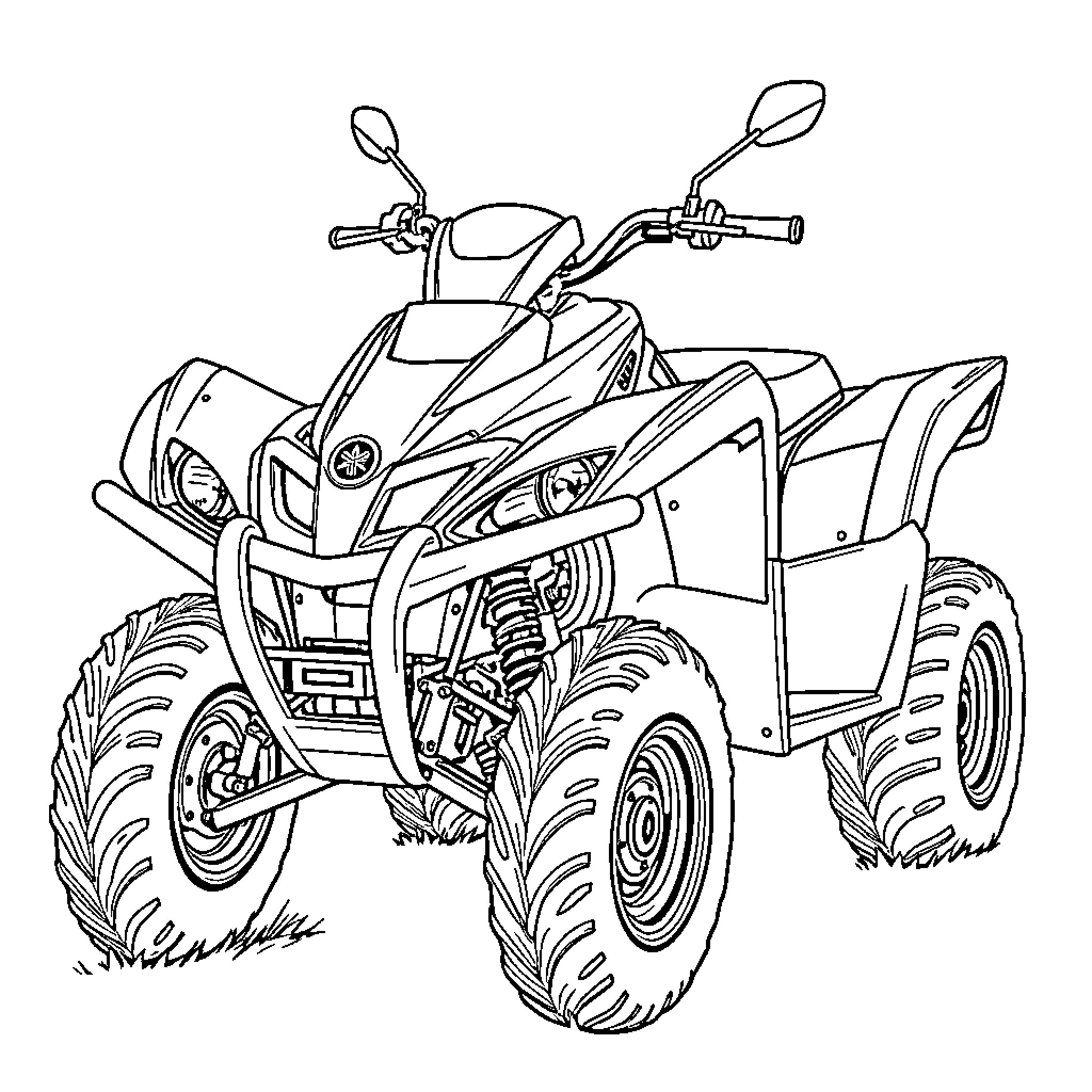 Yamaha Banshee quad bike in action Coloring Page (free black-and-white line drawing printable PDF for all, from beginners to advanced learners, including children, teens, adults, and seniors)